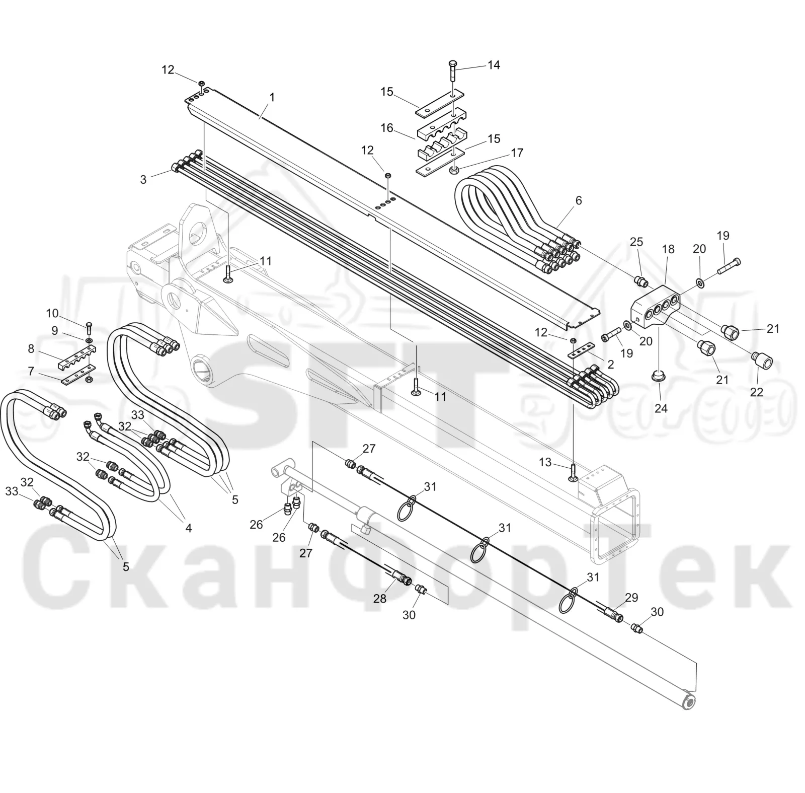 Схема: Komatsu / Форвардер / 895 / Каталог запасных частей / Подъемный кран / Трубы и шланги / Трубы и шланги 8,5 m