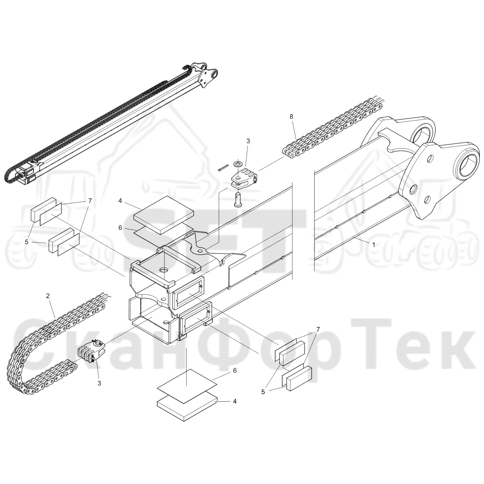 Схема: Komatsu / Форвардер / 895 S/N 8950011010- / Каталог запасных частей / Подъемный кран / Телескопическая стрела / Телескопическая стрела