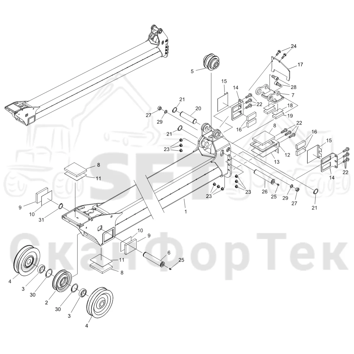 Схема: Komatsu / Форвардер / 875 S/N 8750000010- / Каталог запасных частей / Подъемный кран / Телескопическая стрела / Телескопическая стрела