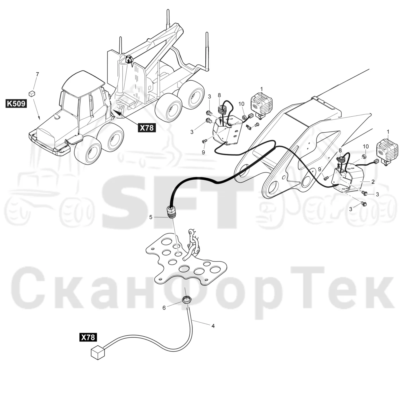 Схема: Komatsu / Форвардер / 895 / Каталог запасных частей / Подъемный кран / Рабочие лампы / Рабочие лампы, ксеноновые
