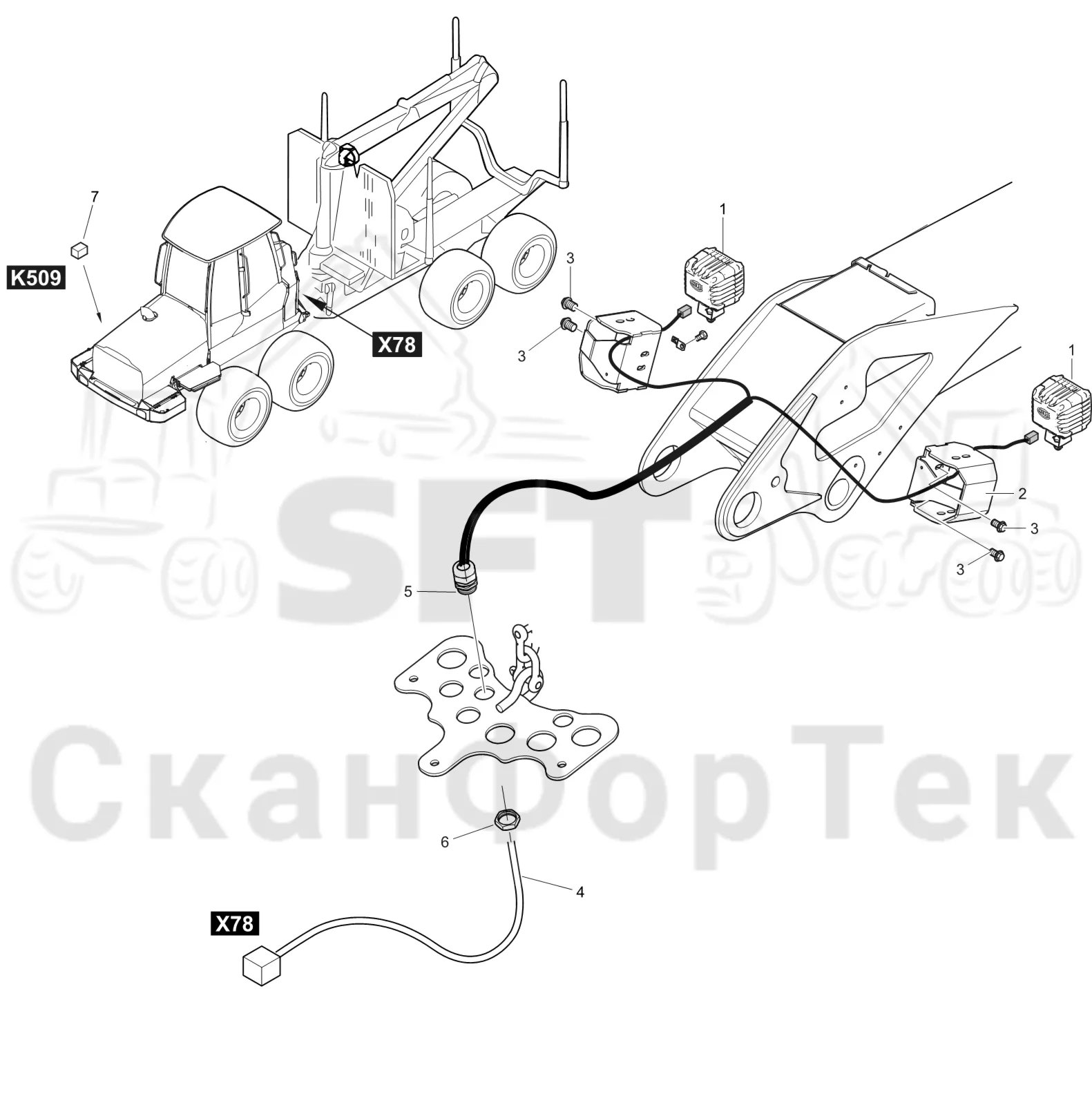 Схема: Komatsu / Форвардер / 895 / Каталог запасных частей / Подъемный кран / Рабочие лампы / Рабочие лампы LED