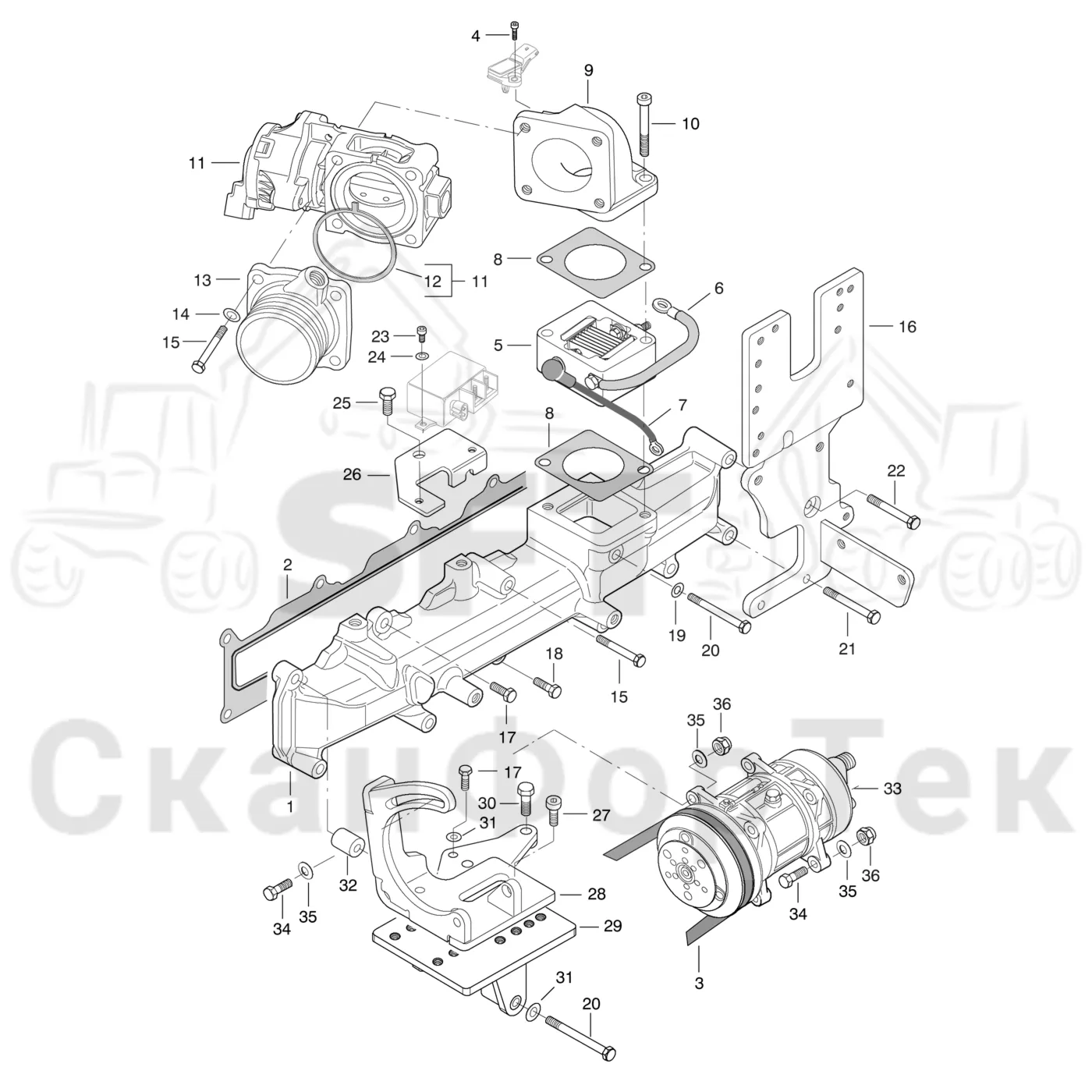 Схема: Komatsu / Форвардер / 835 / Каталог запасных частей / Двигатель / Впуск - выпуск / Впускной и выпускной коллектор