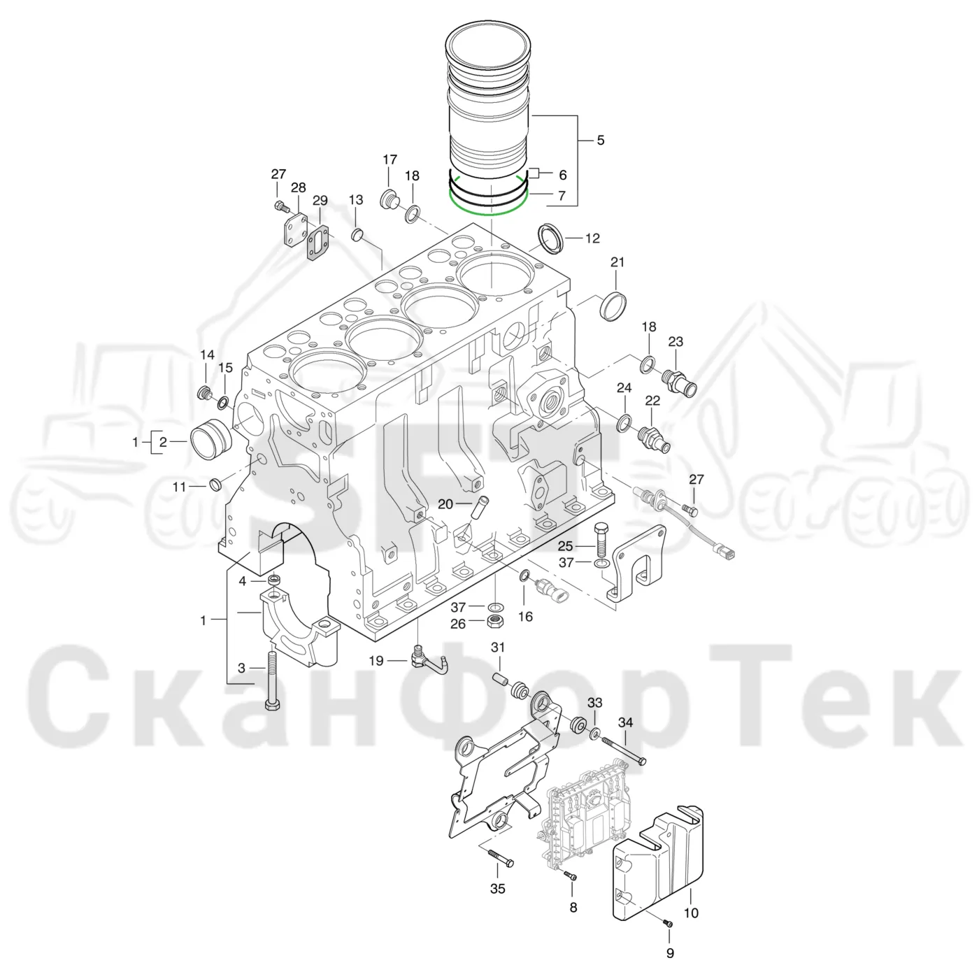 Схема: Komatsu / Форвардер / 845 / Каталог запасных частей / Двигатель / Блок двигателя / Блок цилиндров