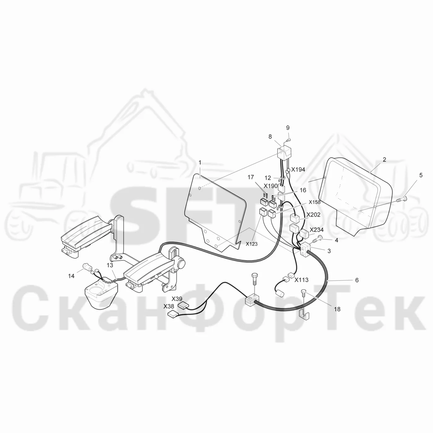 Схема: Komatsu / Лесозаготовительные машины / 931 / Каталог запасных частей / Кабина / Сиденья / Комплект электрики поворота сиденья EME джойстики