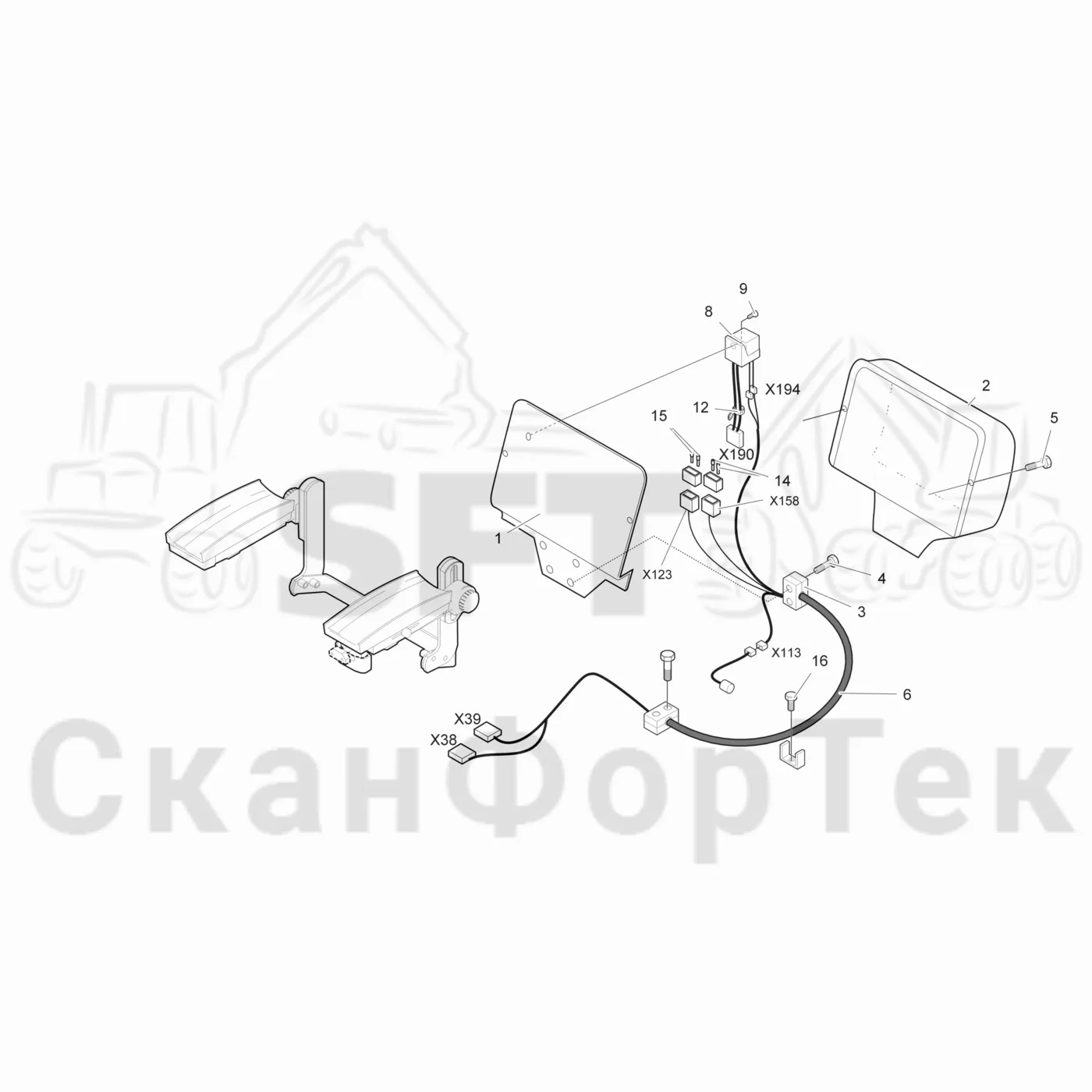 Схема: Komatsu / Лесозаготовительные машины / 901.4 / Каталог запасных частей / Кабина / Сиденья / Electric kit revolving seat mini levers