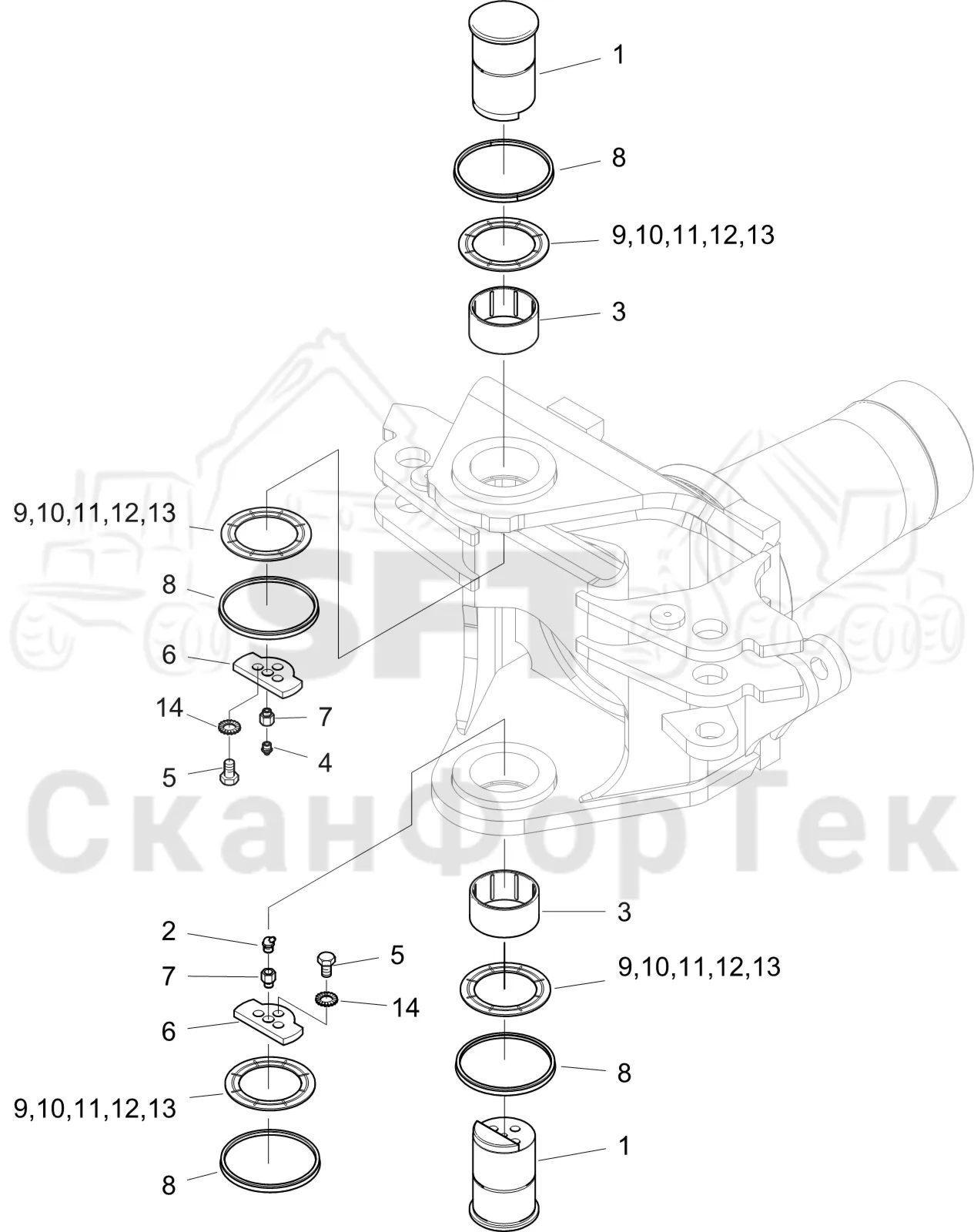 Схема: Komatsu / Форвардер / 855 S/N 8550022010- / Каталог запасных частей / шасси / Сочленение / Шарнирные пальцы