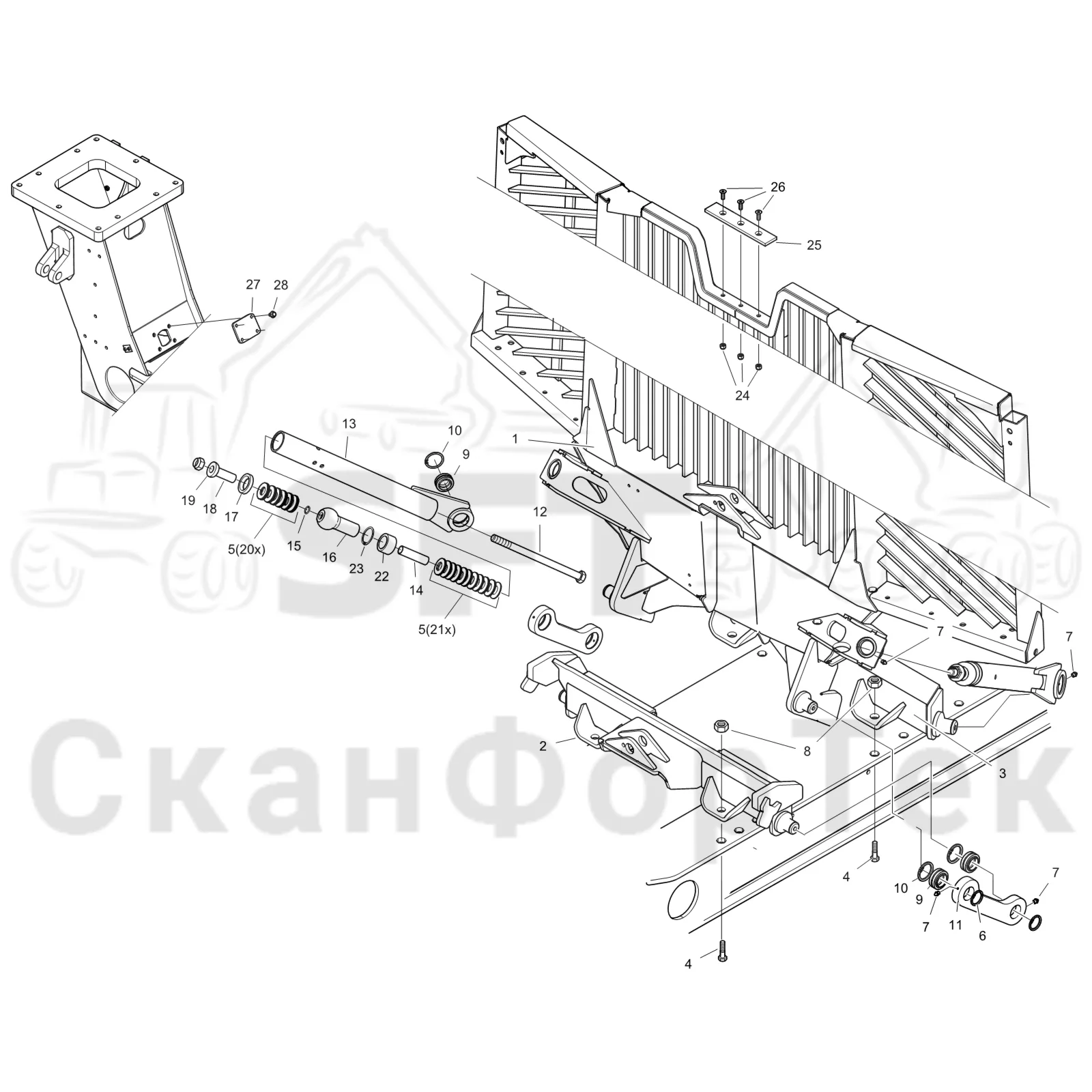 Схема: Komatsu / Форвардер / 835 / Каталог запасных частей / шасси / Зона погрузки / Заслонка, фиксированная FlexGate