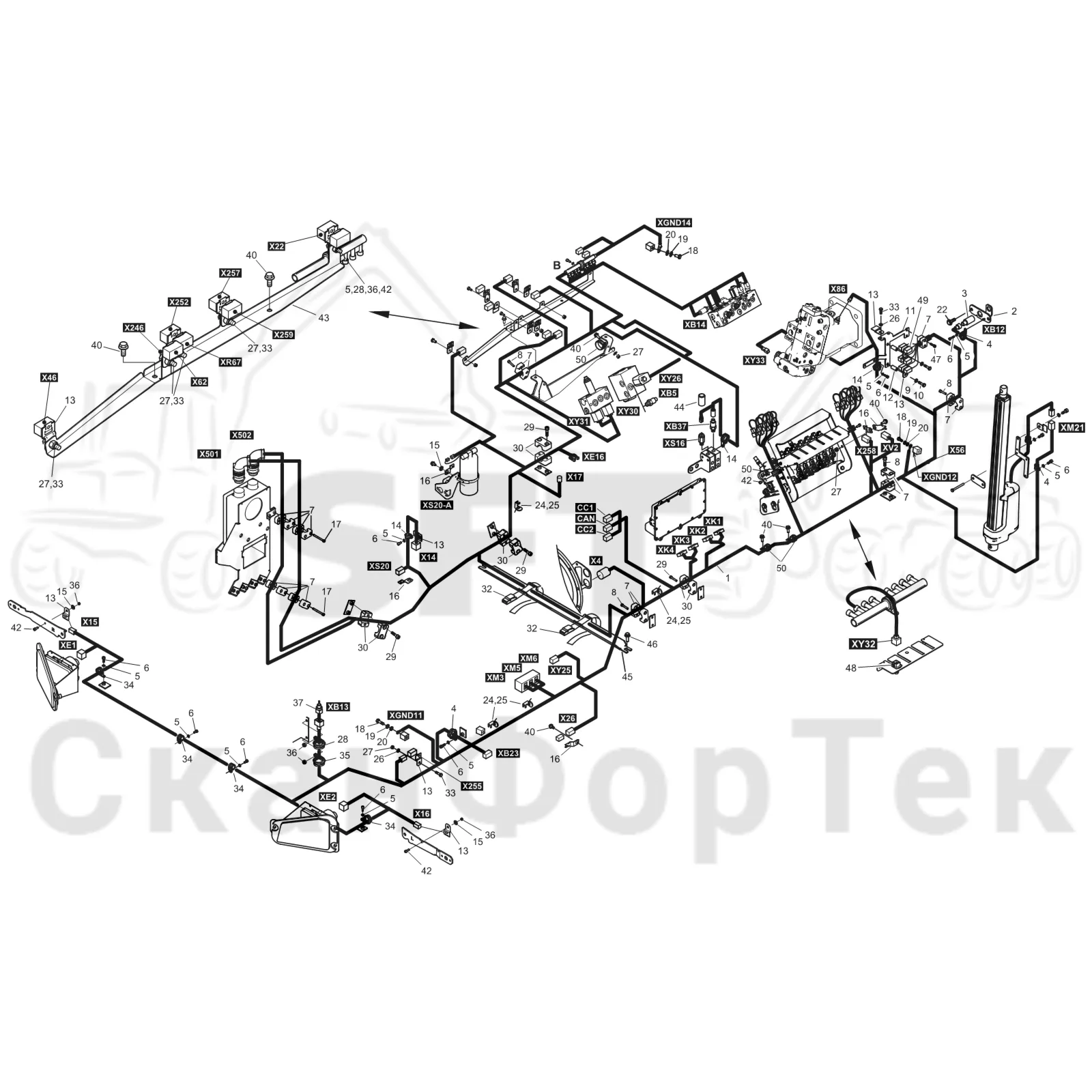Схема: Komatsu / Форвардер / 845 / Каталог запасных частей / шасси / Электрический Оборудование / Комплект кабелей передней рамы