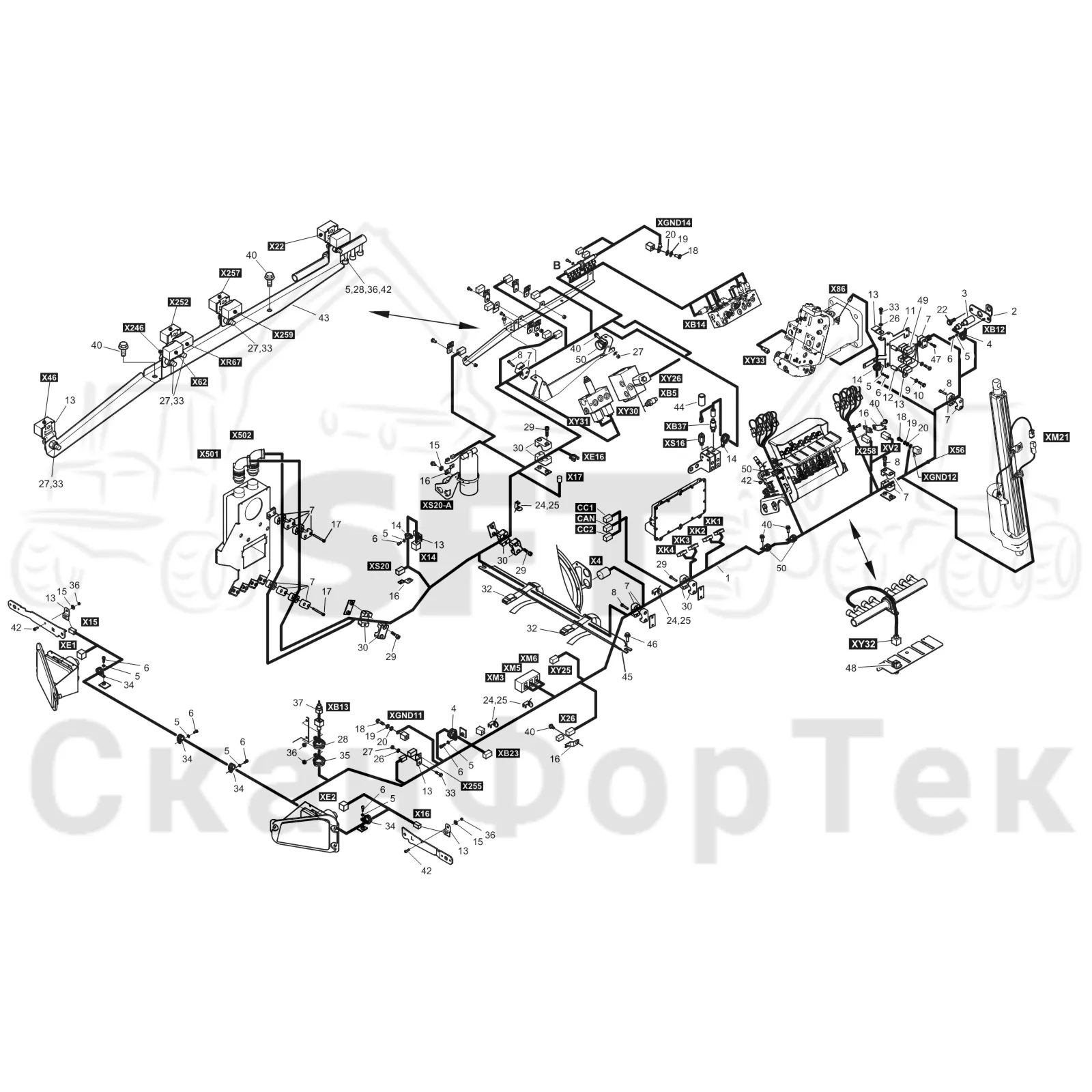 Схема: Komatsu / Форвардер / 845 / Каталог запасных частей / шасси / Электрический Оборудование / Комплект кабелей передней рамы 8450000341-