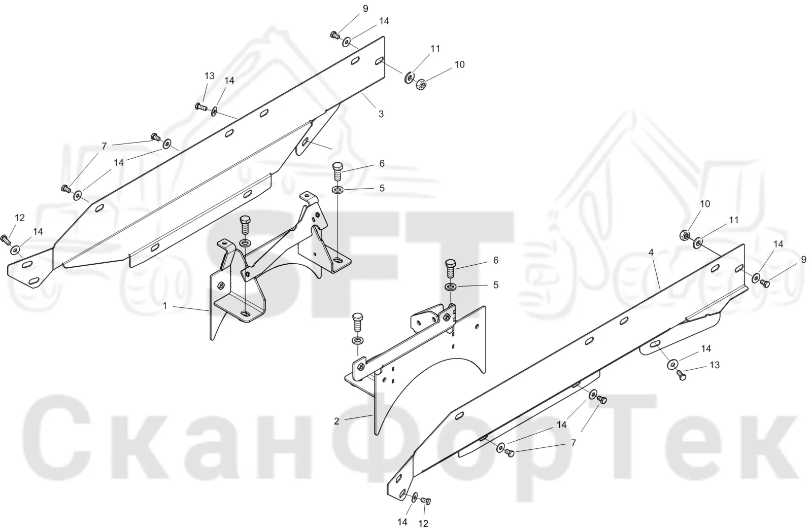 Схема: Komatsu / Форвардер / 845 / Каталог запасных частей / шасси / Капоты и крышки / Защитные крышки под кабиной 8450000271-