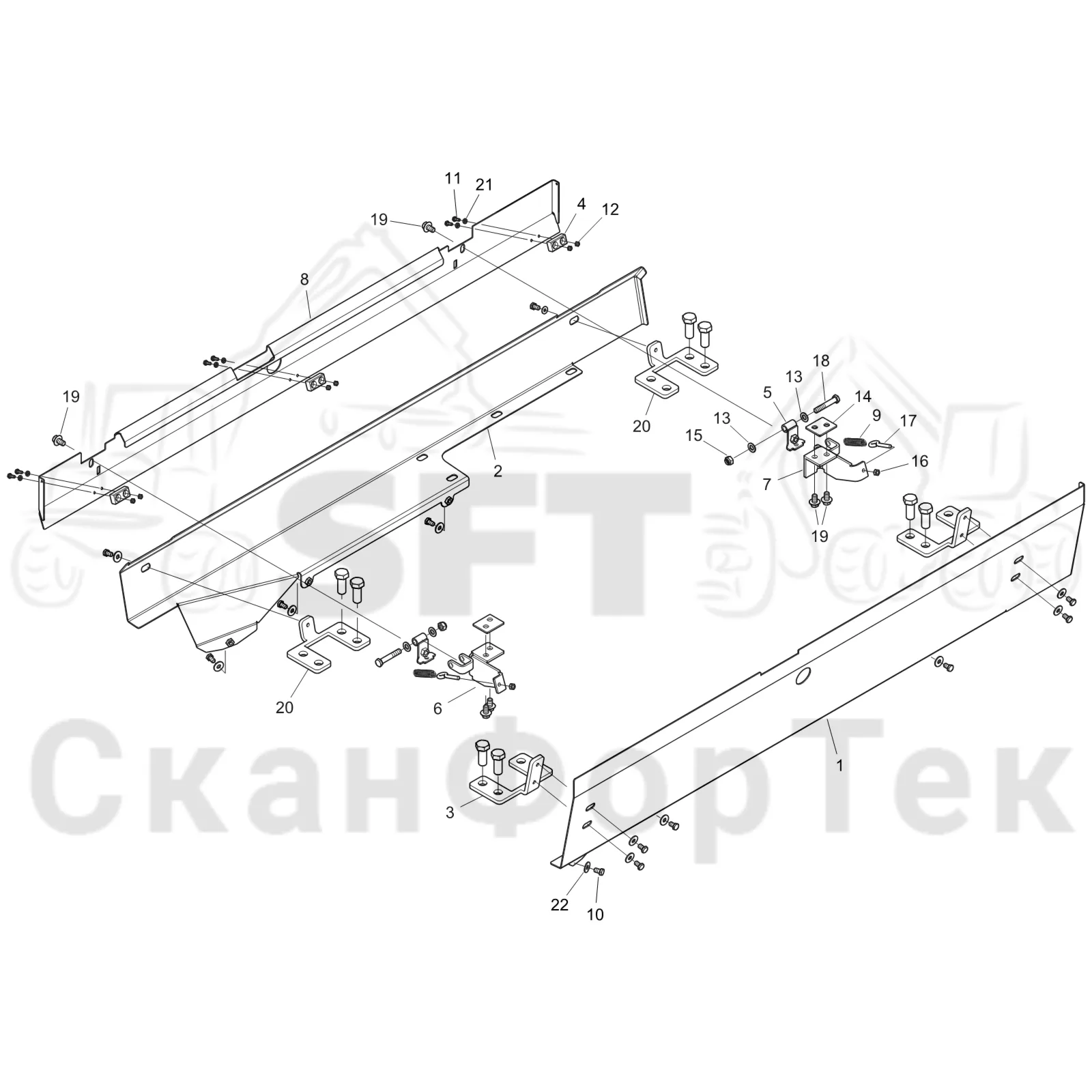 Схема: Komatsu / Форвардер / 845 / Каталог запасных частей / шасси / Капоты и крышки / Защитные крышки под кабиной