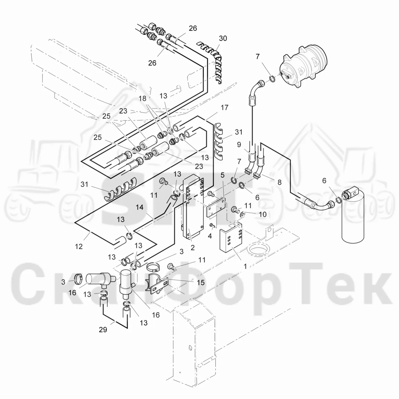 Схема: Valmet / Лесозаготовительные машины / Valmet 931 / Valmet 931 / Каталог запасных частей / Кабина / Система обогрева и охлаждения / Охлаждение кабины