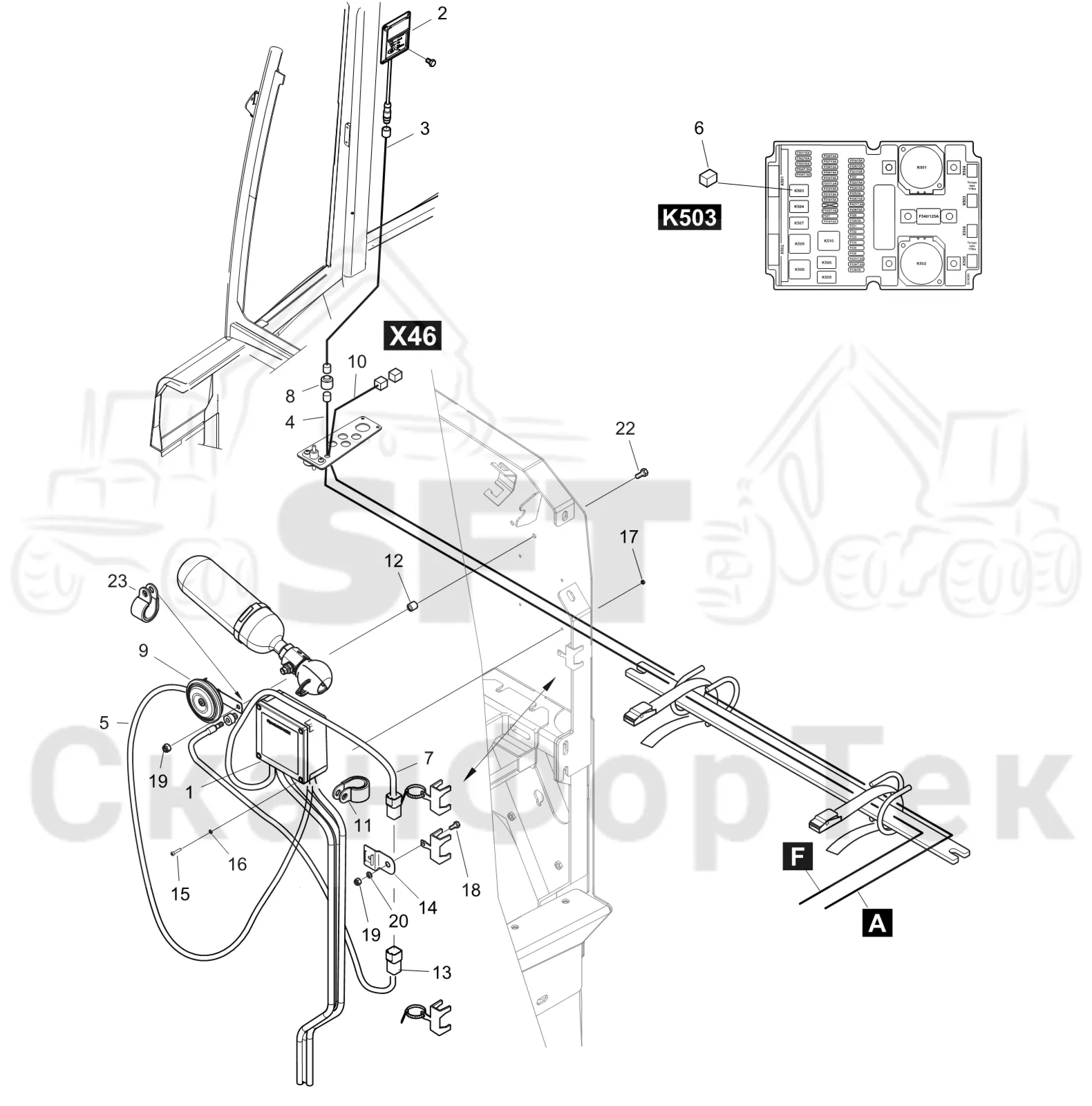 Схема: Komatsu / Форвардер / 835 / Каталог запасных частей / шасси / Пожаротушение / Комплект электрооборудования пожаротушения