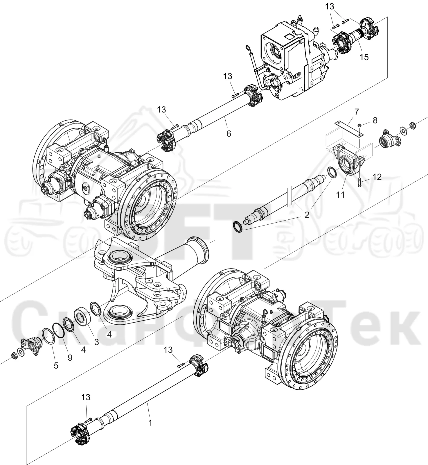 Схема: Komatsu / Форвардер / 845 / Каталог запасных частей / Коробка передач / Карданная передача / Карданная передача 0/0