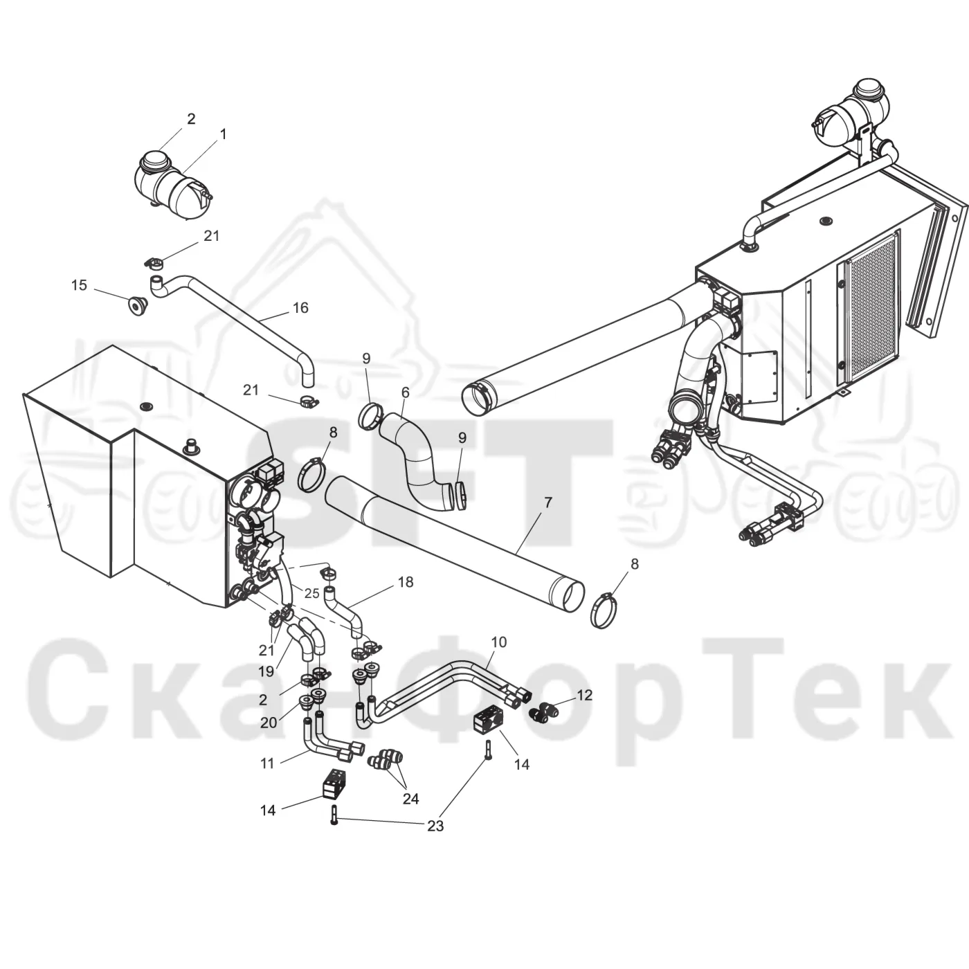 Схема: Komatsu / Лесозаготовительные машины / 901TX .1 / Каталог запасных частей / Кабина / Система обогрева и охлаждения / Кондиционер трубопроводов