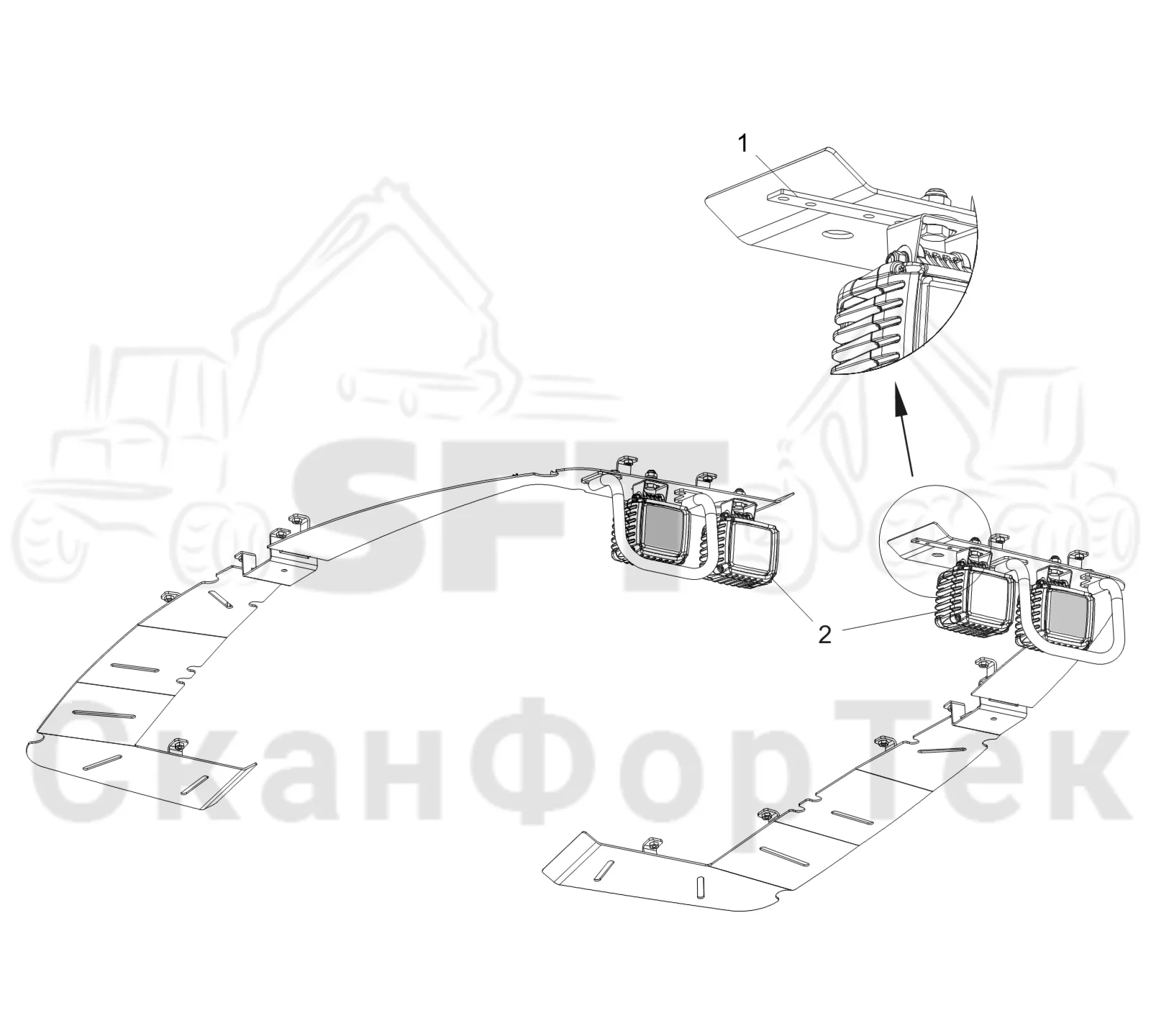 Схема: Komatsu / Форвардер / 845 / Каталог запасных частей / Кабина / Рабочие лампы и стеклоочиститель / Рабочие лампы установленный на крыше