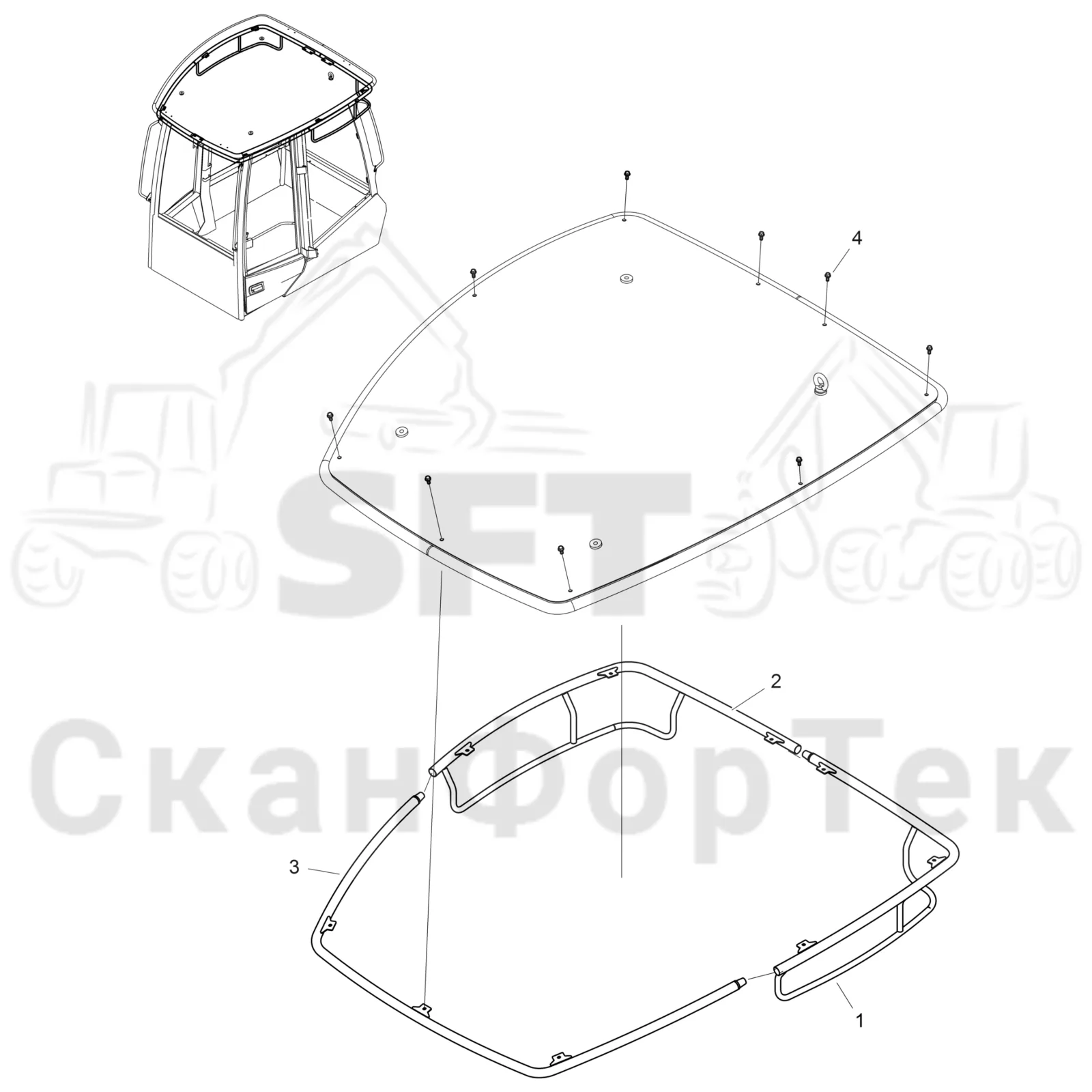 Схема: Komatsu / Форвардер / 845 / Каталог запасных частей / Кабина / Рабочие лампы и стеклоочиститель / защита