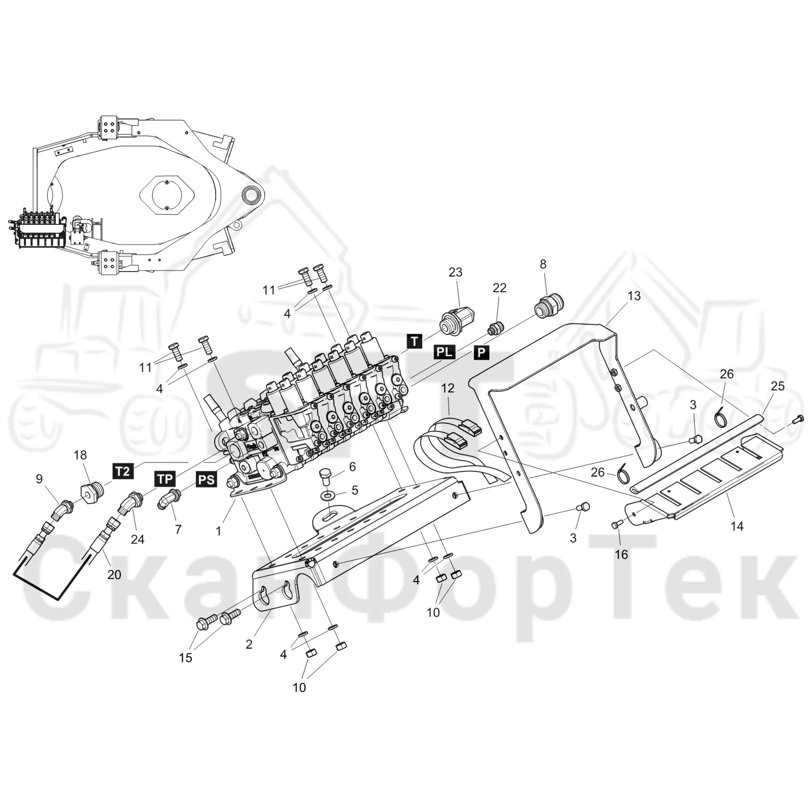 Схема: Komatsu / Форвардер / 845 / Каталог запасных частей / Гидравлика / Клапан шасси / Клапан 8450000341-