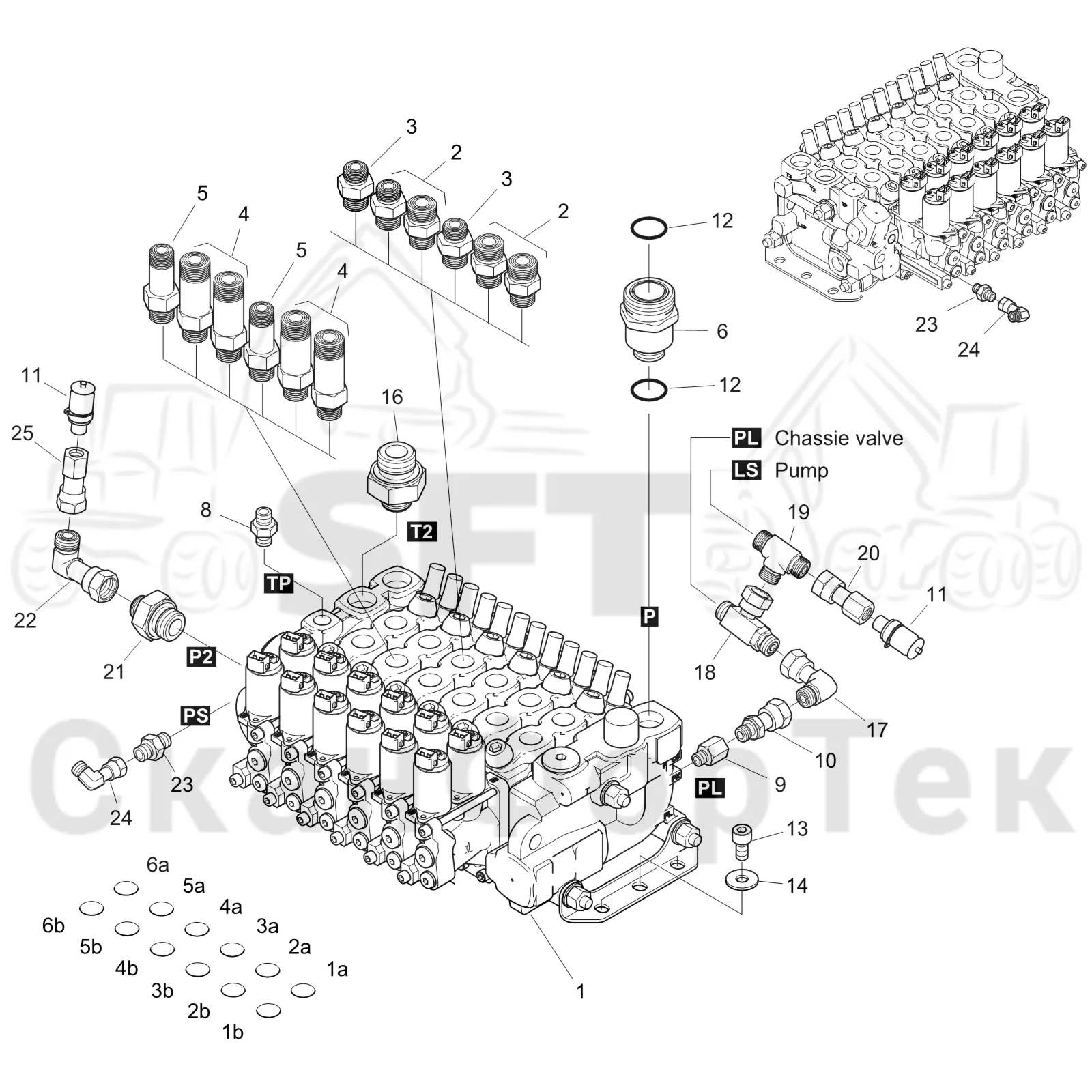 Схема: Komatsu / Форвардер / 835 / Каталог запасных частей / Гидравлика / Клапан подъемного крана / Узел клапана