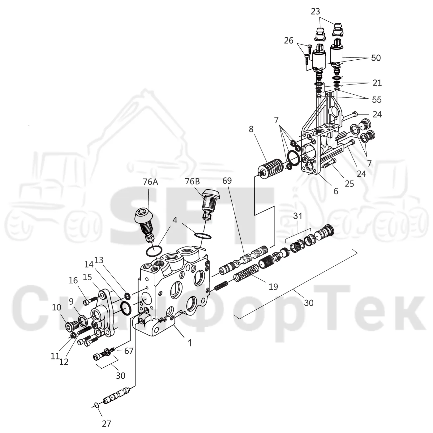 Схема: Komatsu / Форвардер / 845 / Каталог запасных частей / Гидравлика / Клапан подъемного крана / Укосина