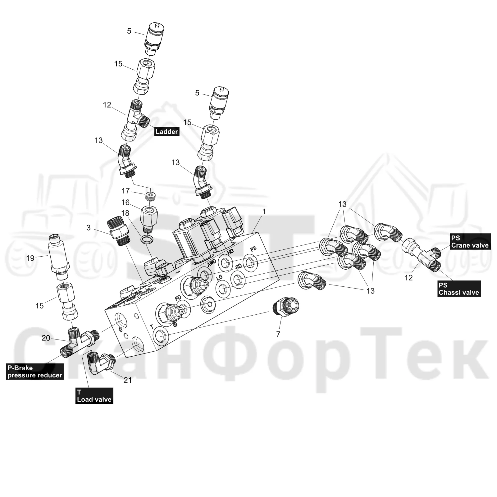 Схема: Komatsu / Форвардер / 835 / Каталог запасных частей / Гидравлика / Клапан обслуживания / Клапан обслуживания