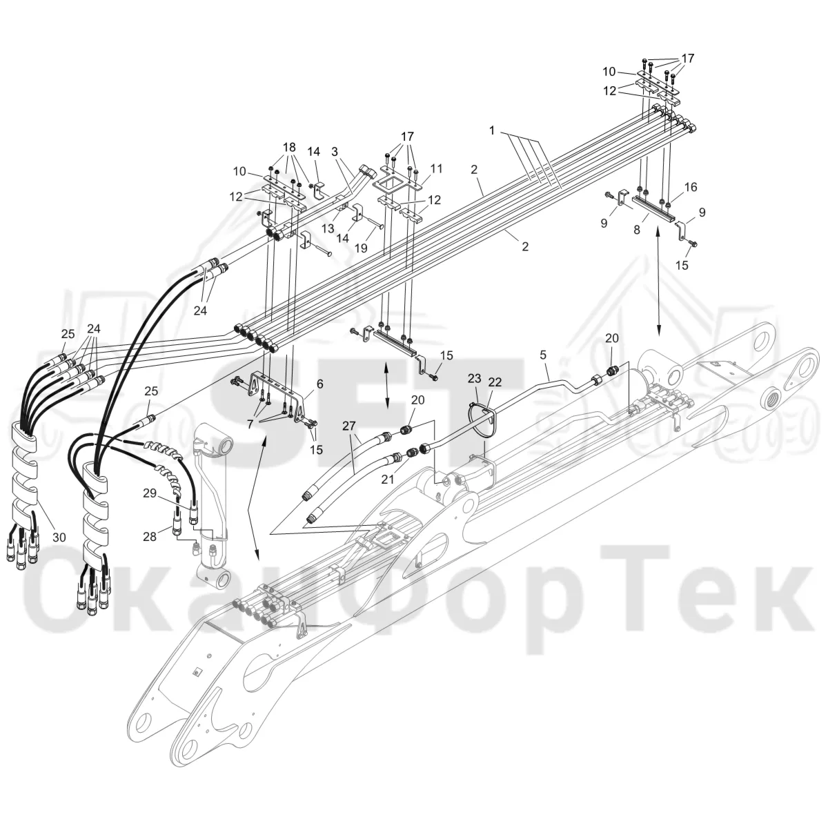Схема: Komatsu / Форвардер / 835 / Каталог запасных частей / Подъемный кран / Трубы и шланги / Трубы и шланги 7,7/9,5m