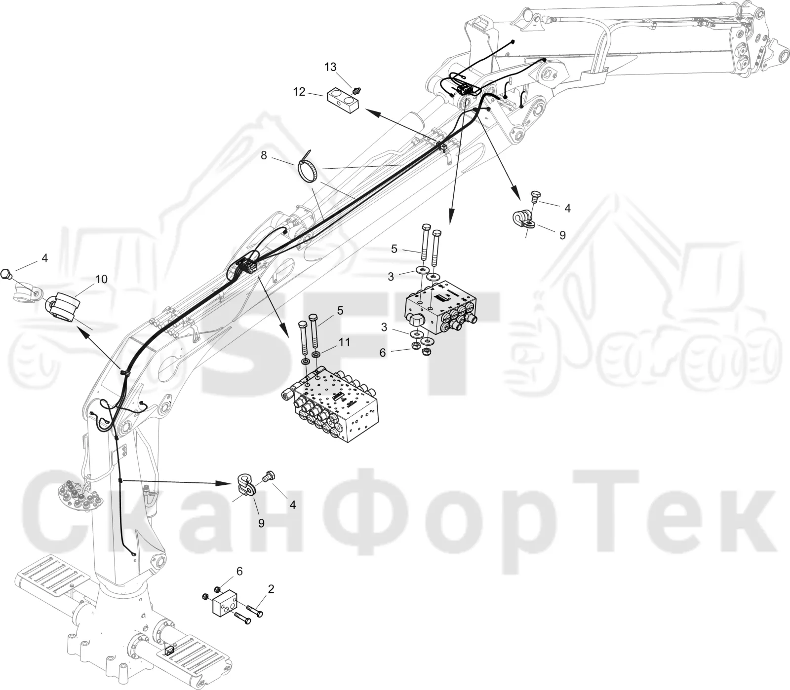 Схема: Komatsu / Форвардер / 845 / Каталог запасных частей / Подъемный кран / Центральная смазка / Центральная смазка 7,7/9,5m