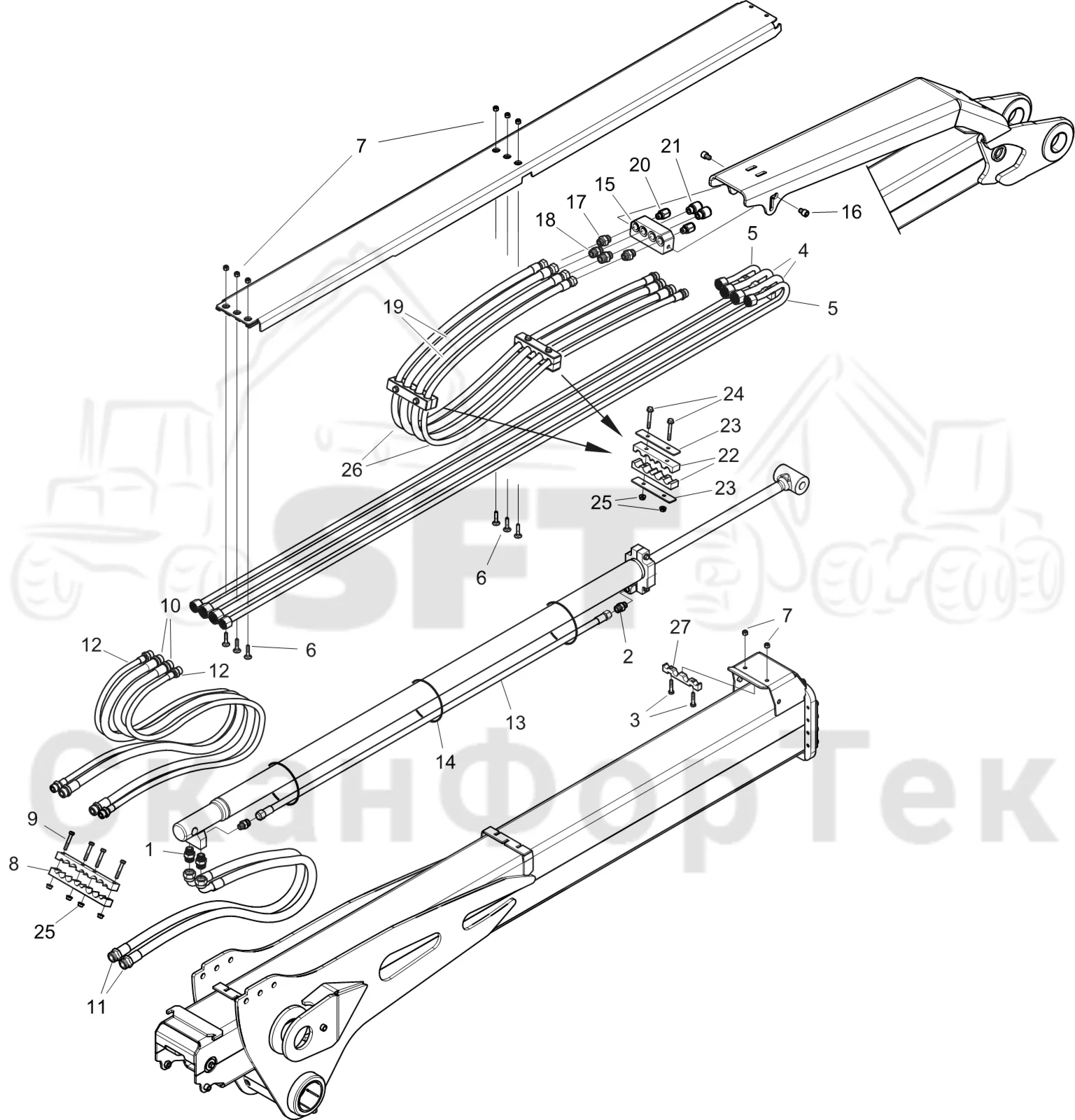 Схема: Komatsu / Форвардер / 855 S/N 8550022010- / Каталог запасных частей / Подъемный кран / Трубы и шланги / Трубы и шланги