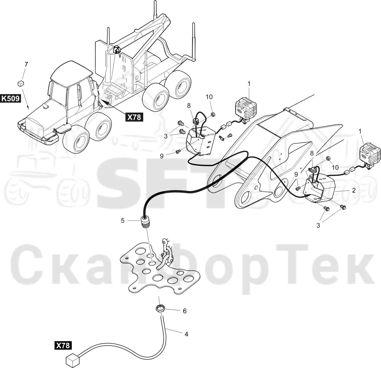 Схема: Komatsu / Форвардер / 865 / Каталог запасных частей / Подъемный кран / Рабочие лампы / Пост освещения подъемного крана LED / Пост освещения подъемного крана LED 8650001451-