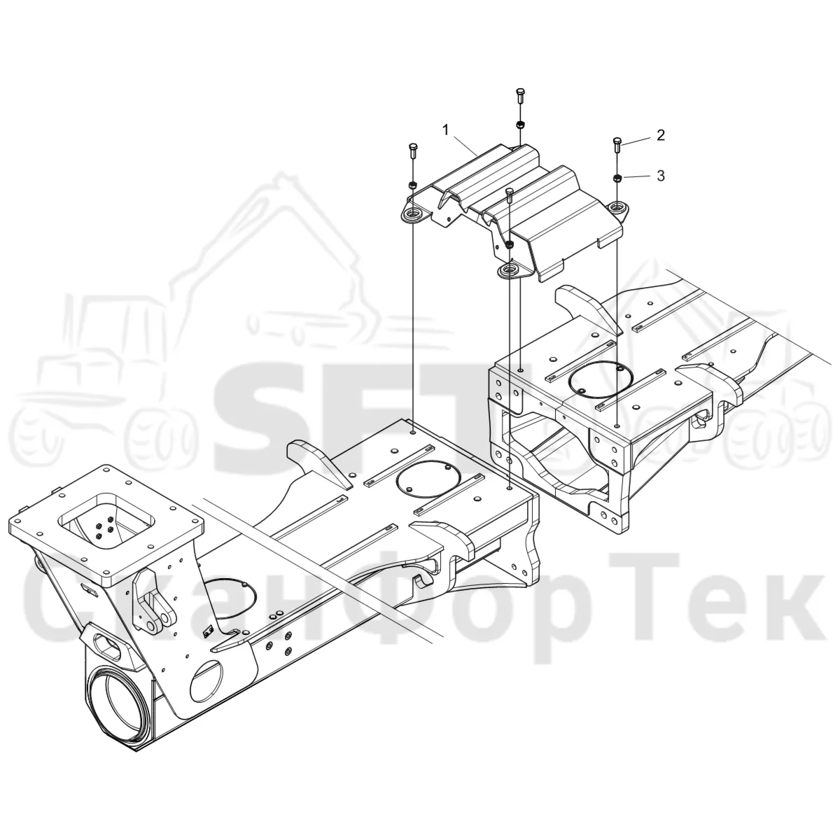 Схема: Komatsu / Форвардер / 845 / Каталог запасных частей / шасси / Зона погрузки / Опора подъемного крана с полным приводом и защитный