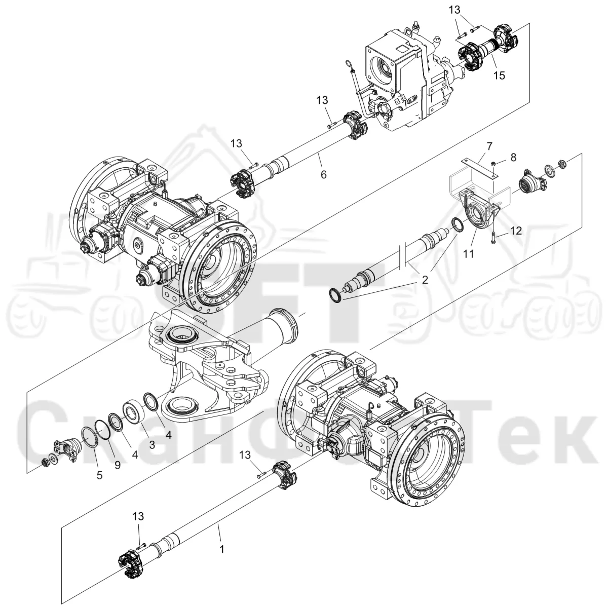 Схема: Komatsu / Форвардер / 845 / Каталог запасных частей / Коробка передач / Карданная передача / Карданная передача +900