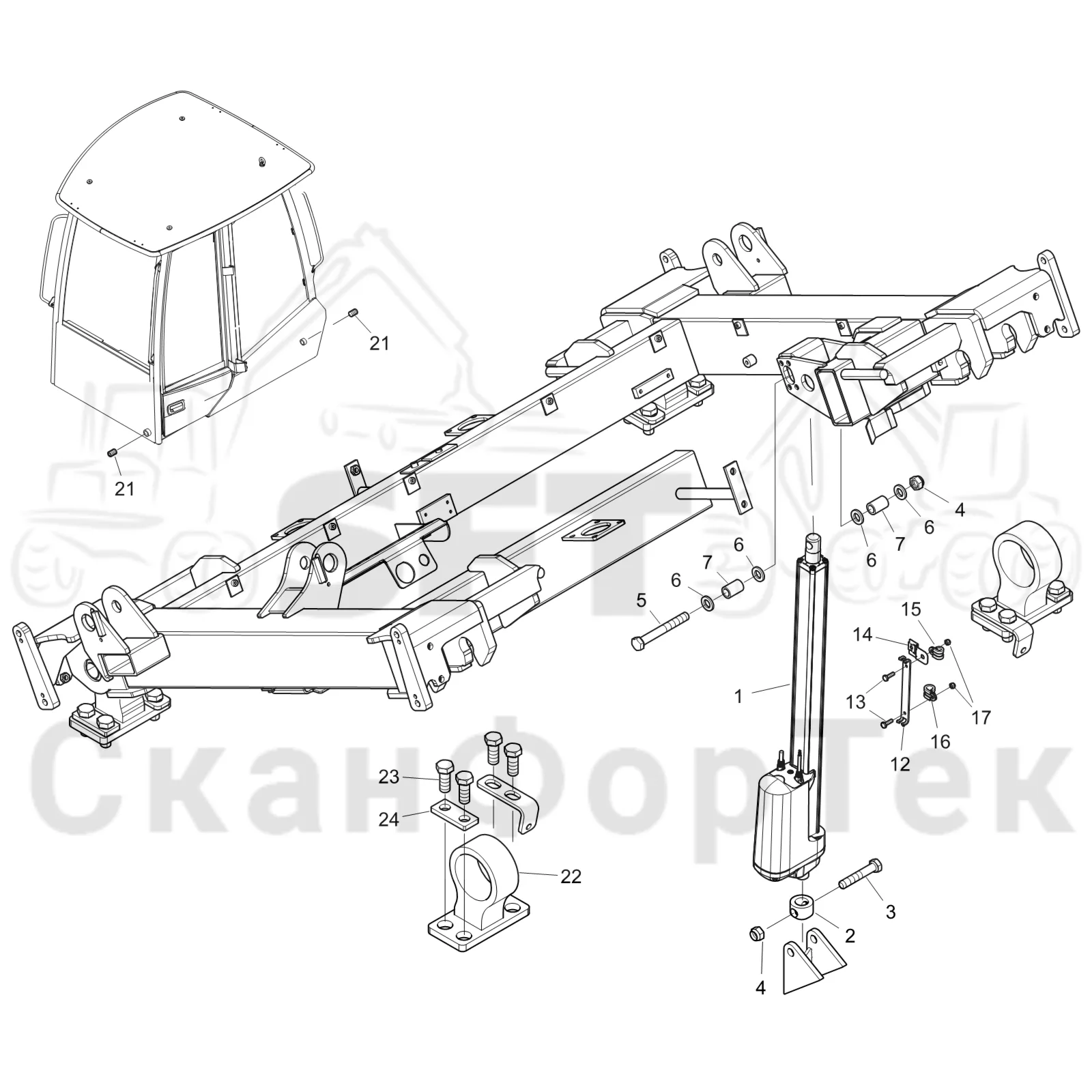 Схема: Komatsu / Форвардер / 845 / Каталог запасных частей / Кабина / Кабина / Установка кабины Comfort Ride 8450000341-