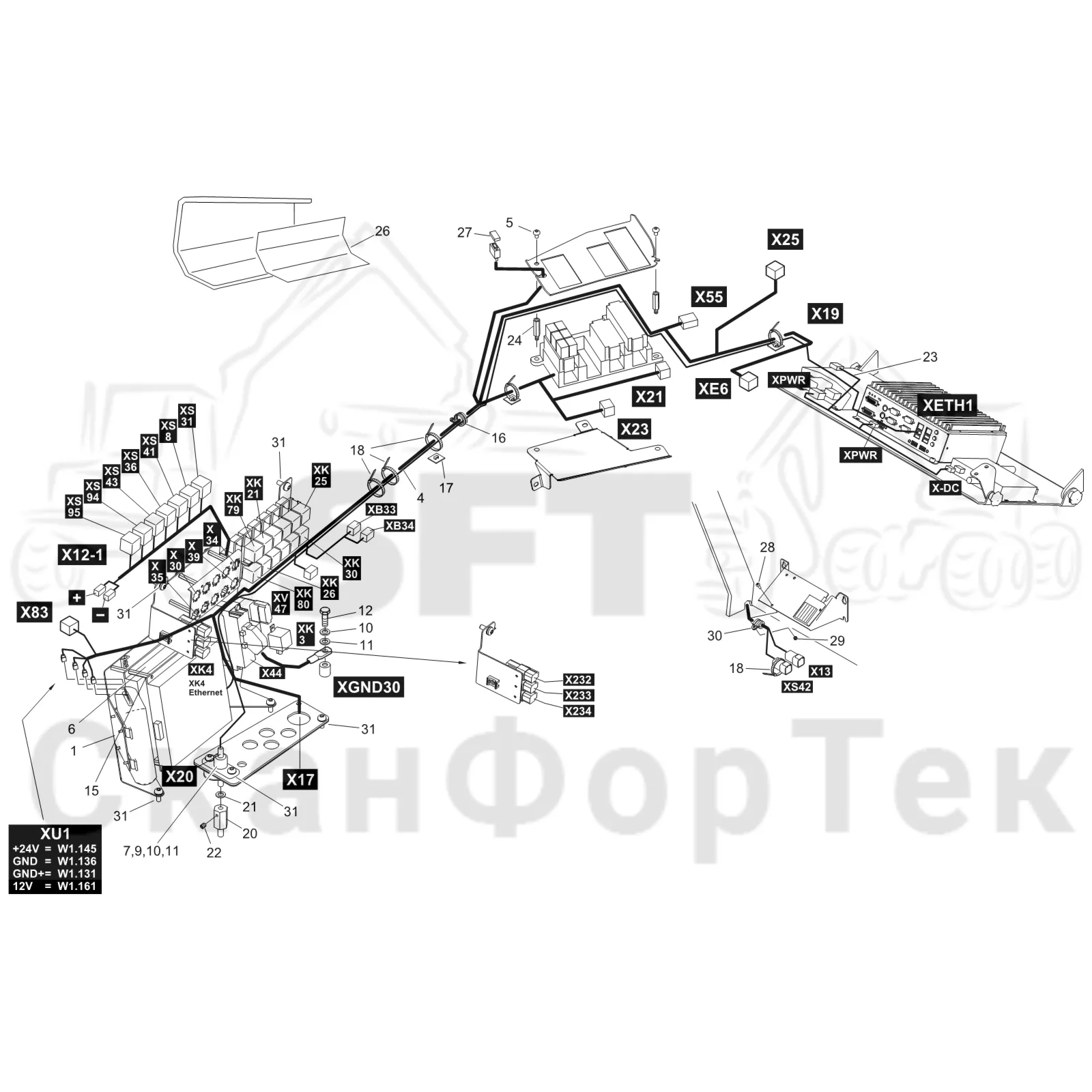 Схема: Komatsu / Форвардер / 835 / Каталог запасных частей / Кабина / Электрический / Комплект электрооборудования кабины / Комплект электрооборудования кабины 8350000251-