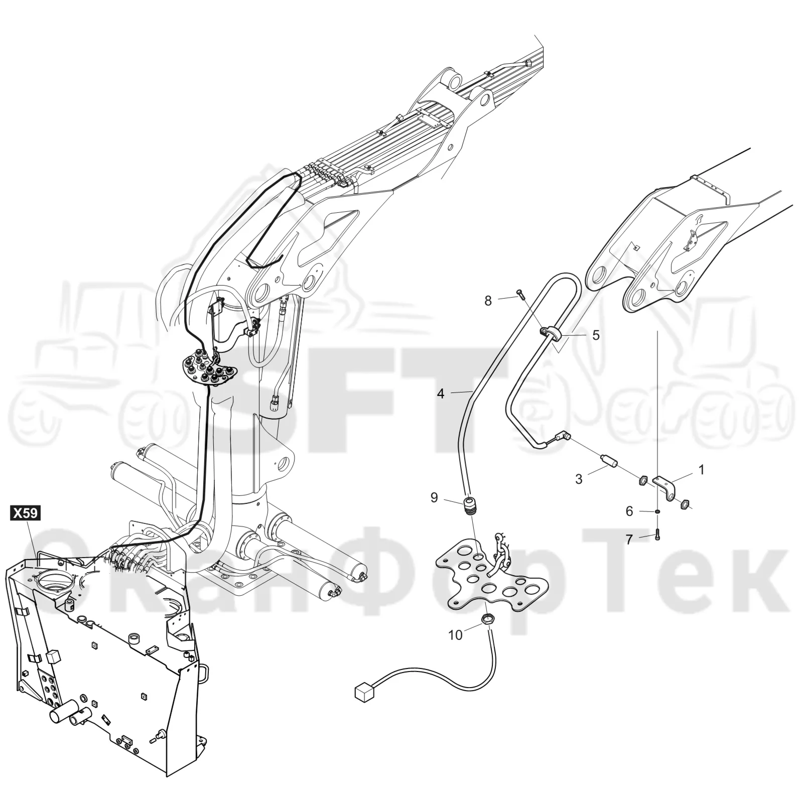 Схема: Komatsu / Форвардер / 875 S/N 8750000010- / Каталог запасных частей / Подъемный кран / Демпфер подъемного крана Комплект электрооборудования / Демпфер подъемного крана Комплект электрооборудования