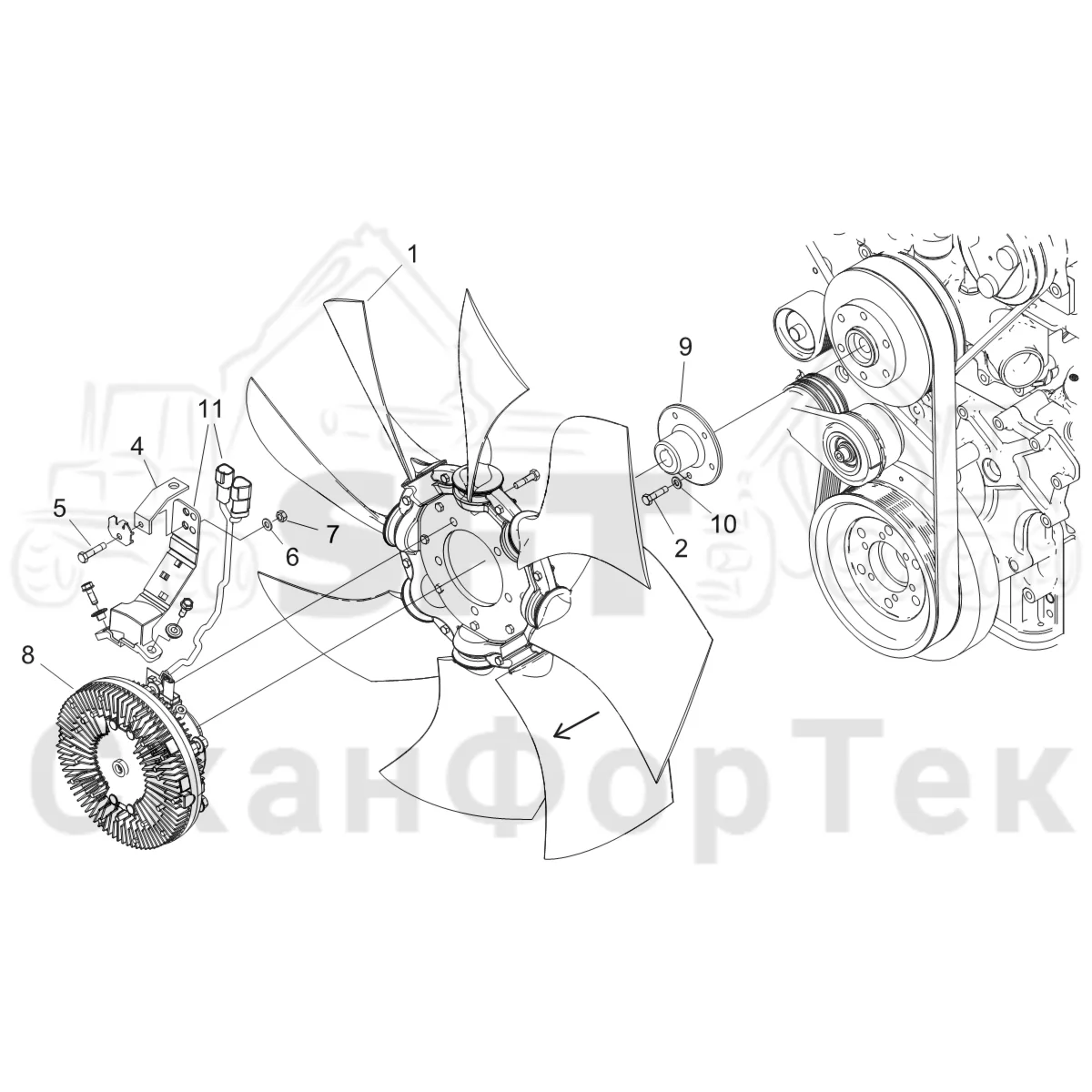 Схема: Komatsu / Форвардер / 875 S/N 8750000010- / Каталог запасных частей / Двигатель / Stage 4 / Tier 4f / Система охлаждения / Вентилятор