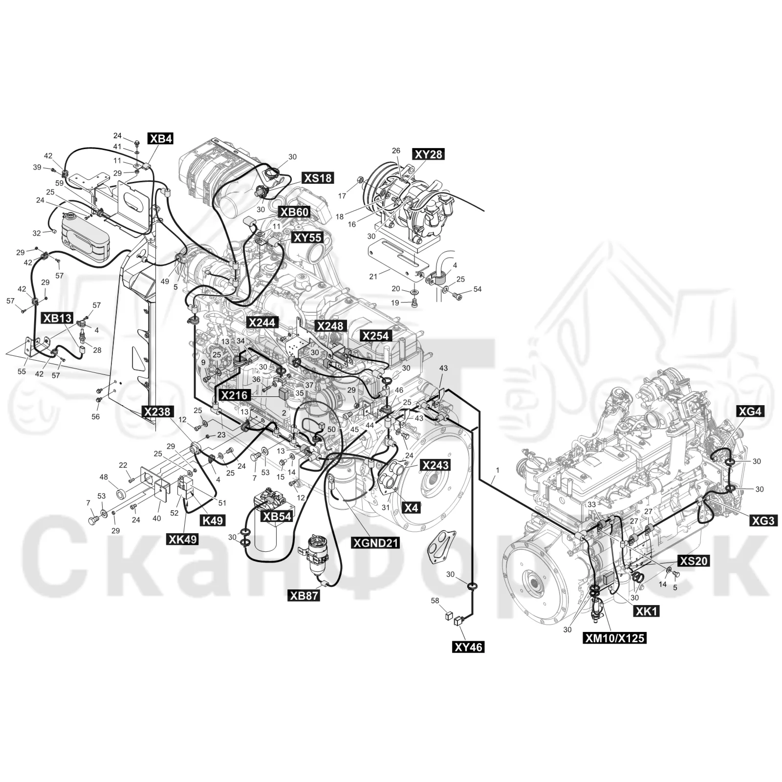 Схема: Komatsu / Форвардер / 855 S/N 8550022010- / Каталог запасных частей / Двигатель / Комплект электрооборудования / Комплект кабелей двигателя