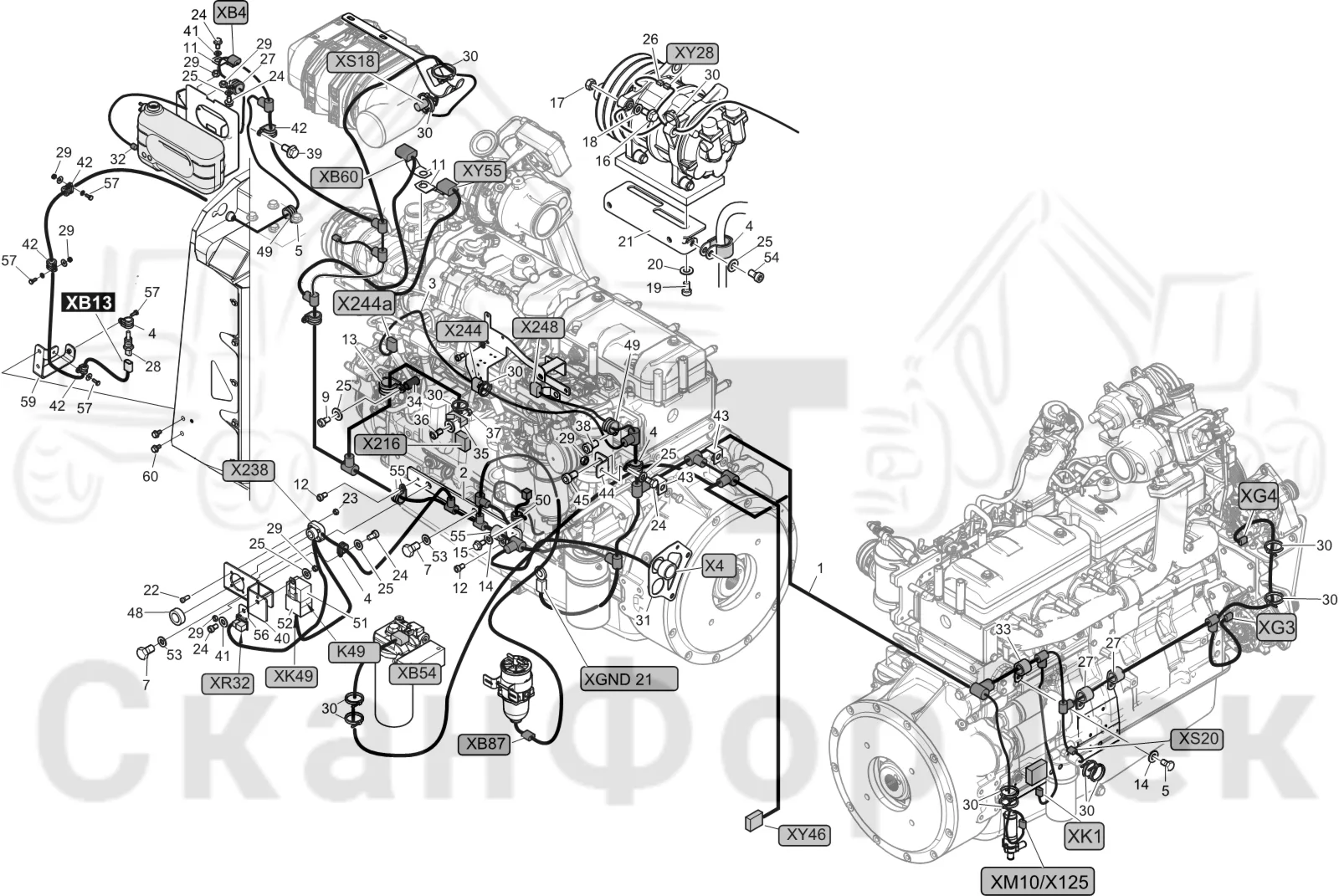 Схема: Komatsu / Форвардер / 855 S/N 8550022010- / Каталог запасных частей / Двигатель / Комплект электрооборудования / Комплект кабелей двигателя