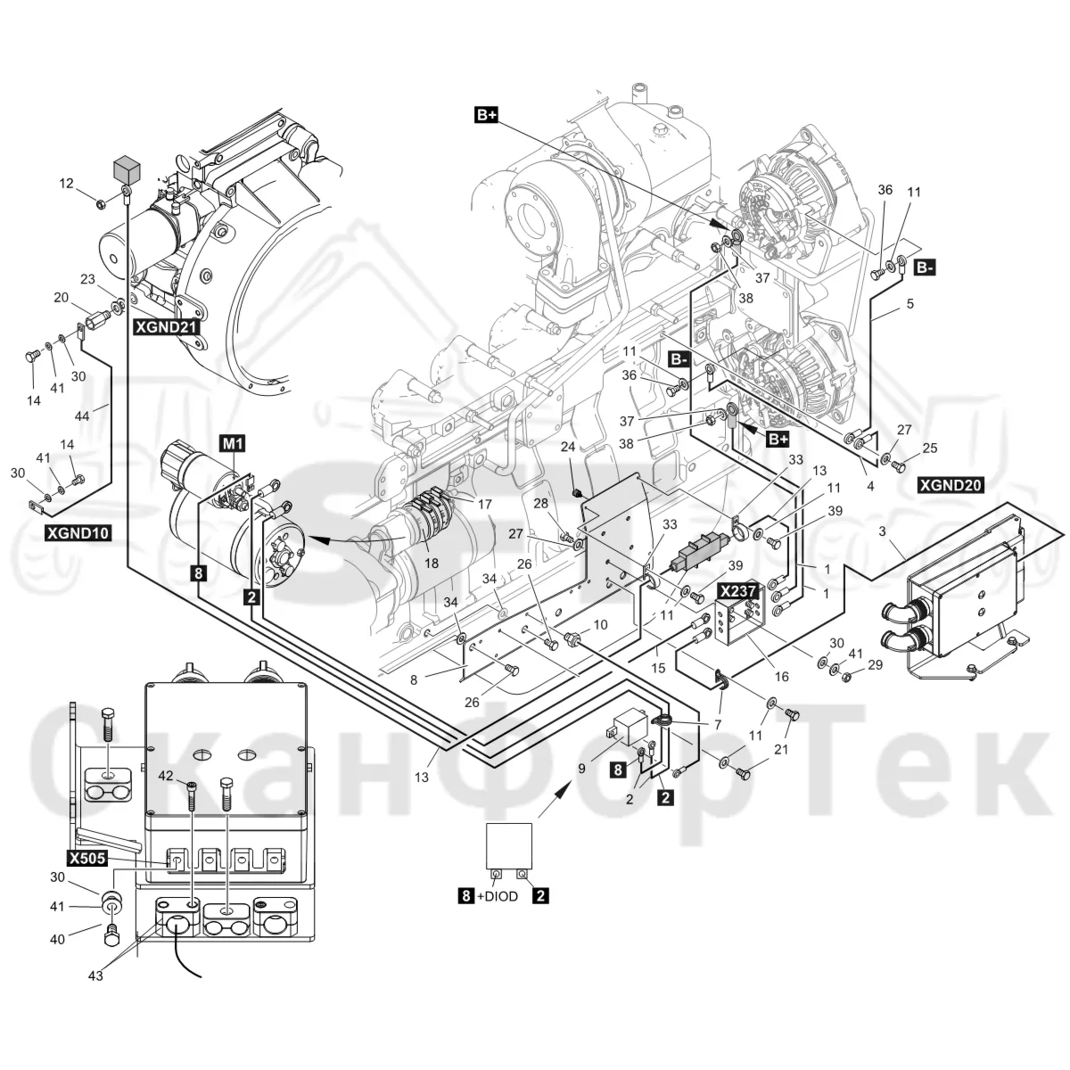 Схема: Komatsu / Форвардер / 855 S/N 8550022010- / Каталог запасных частей / Двигатель / Комплект электрооборудования / Комплект электрооборудования электродвигателя стартера