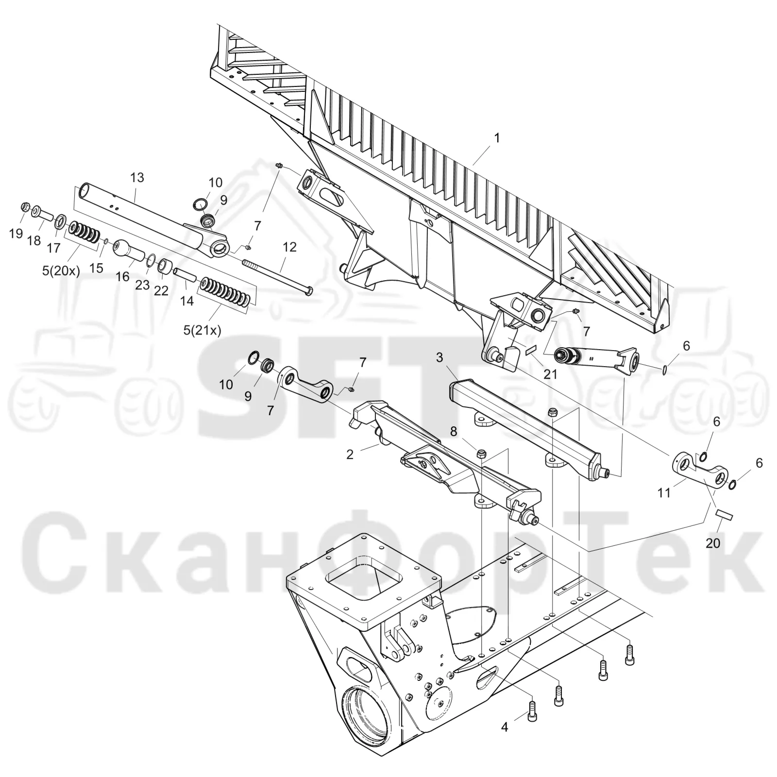 Схема: Komatsu / Форвардер / 875 S/N 8750000010- / Каталог запасных частей / шасси / Зона погрузки / Заслонка, фиксированная FlexGate