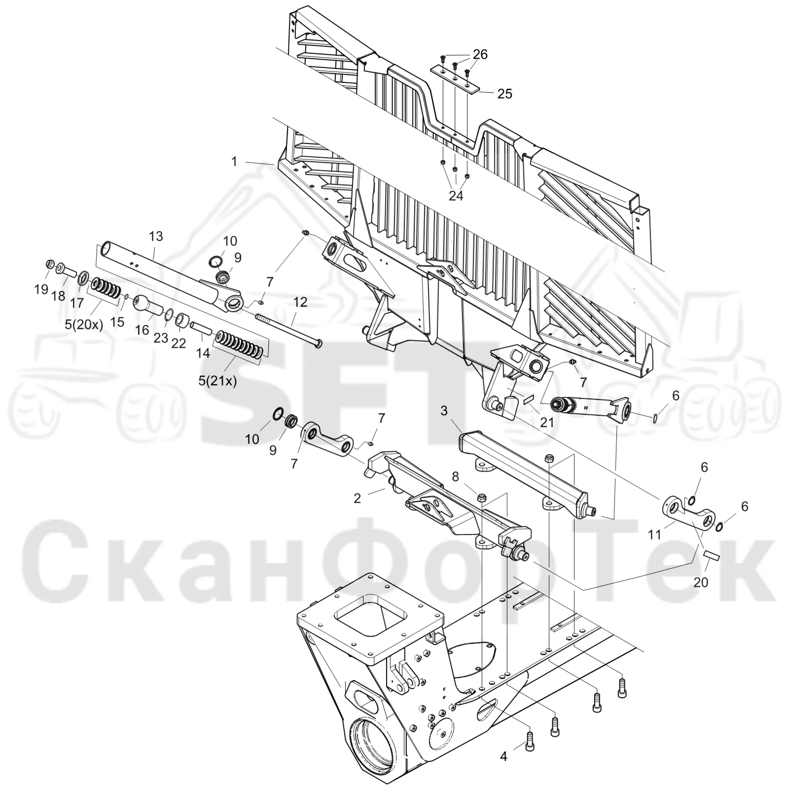 Схема: Komatsu / Форвардер / 855 S/N 8550022010- / Каталог запасных частей / шасси / Зона погрузки / Заслонка, фиксированная FlexGate