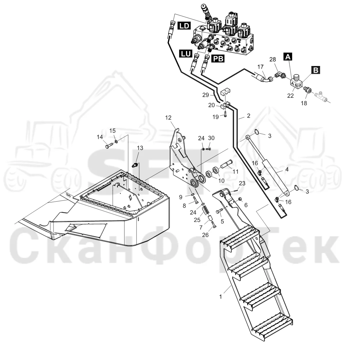 Схема: Komatsu / Форвардер / 855 S/N 8550022010- / Каталог запасных частей / шасси / Ступени, лестницы и платформы / Гидравлическая лестница