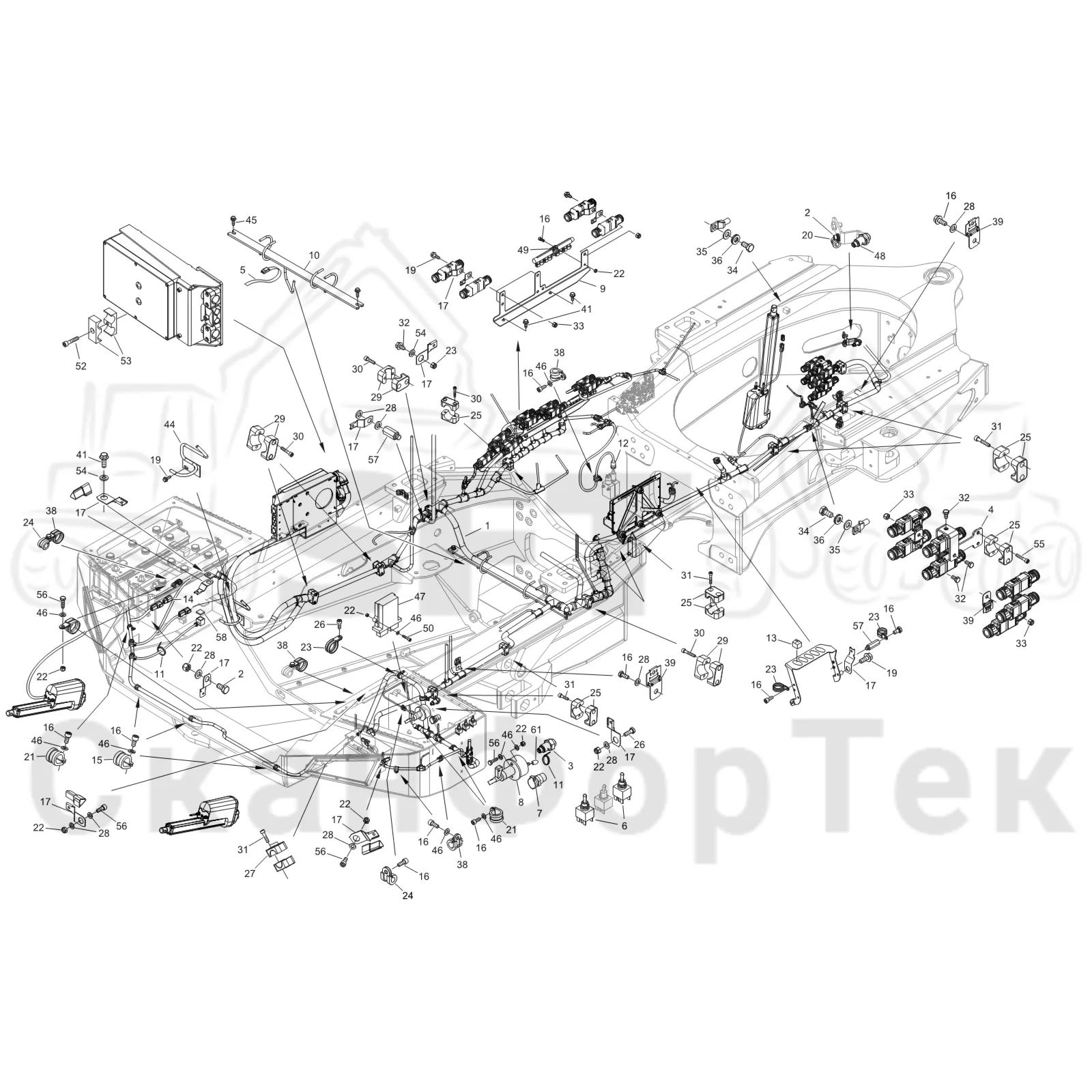 Схема: Komatsu / Форвардер / 855 S/N 8550022010- / Каталог запасных частей / шасси / Электрический Оборудование / Комплект кабелей передней рамы
