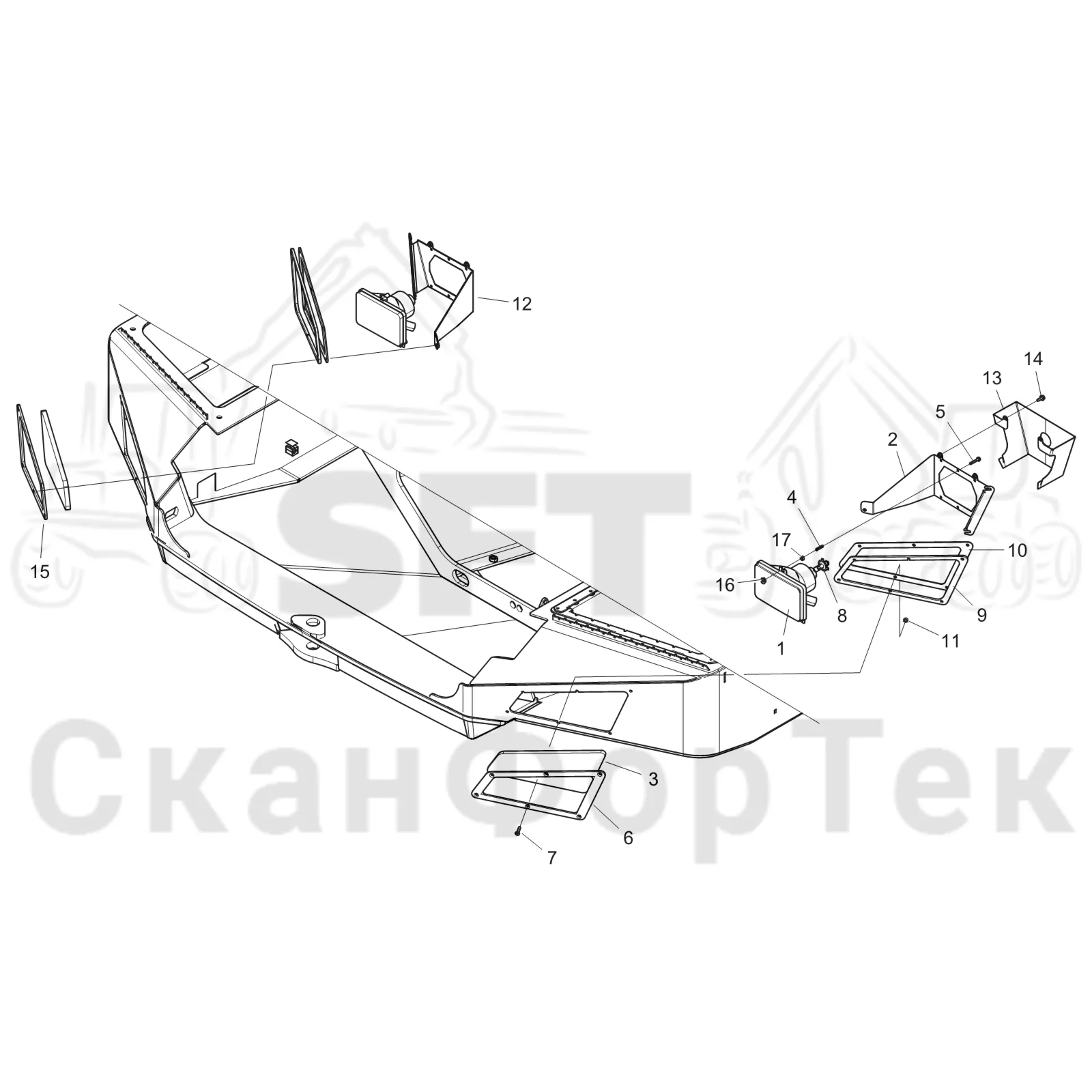 Схема: Komatsu / Форвардер / 895 S/N 8950011010- / Каталог запасных частей / шасси / Электрический Оборудование / Фара передняя