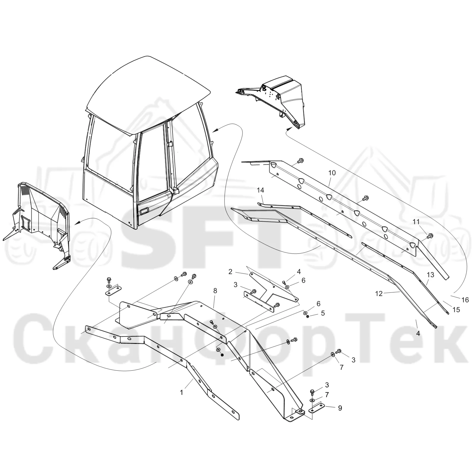Схема: Komatsu / Форвардер / 875 S/N 8750000010- / Каталог запасных частей / шасси / Капоты и крышки / Защита Comfort Ride