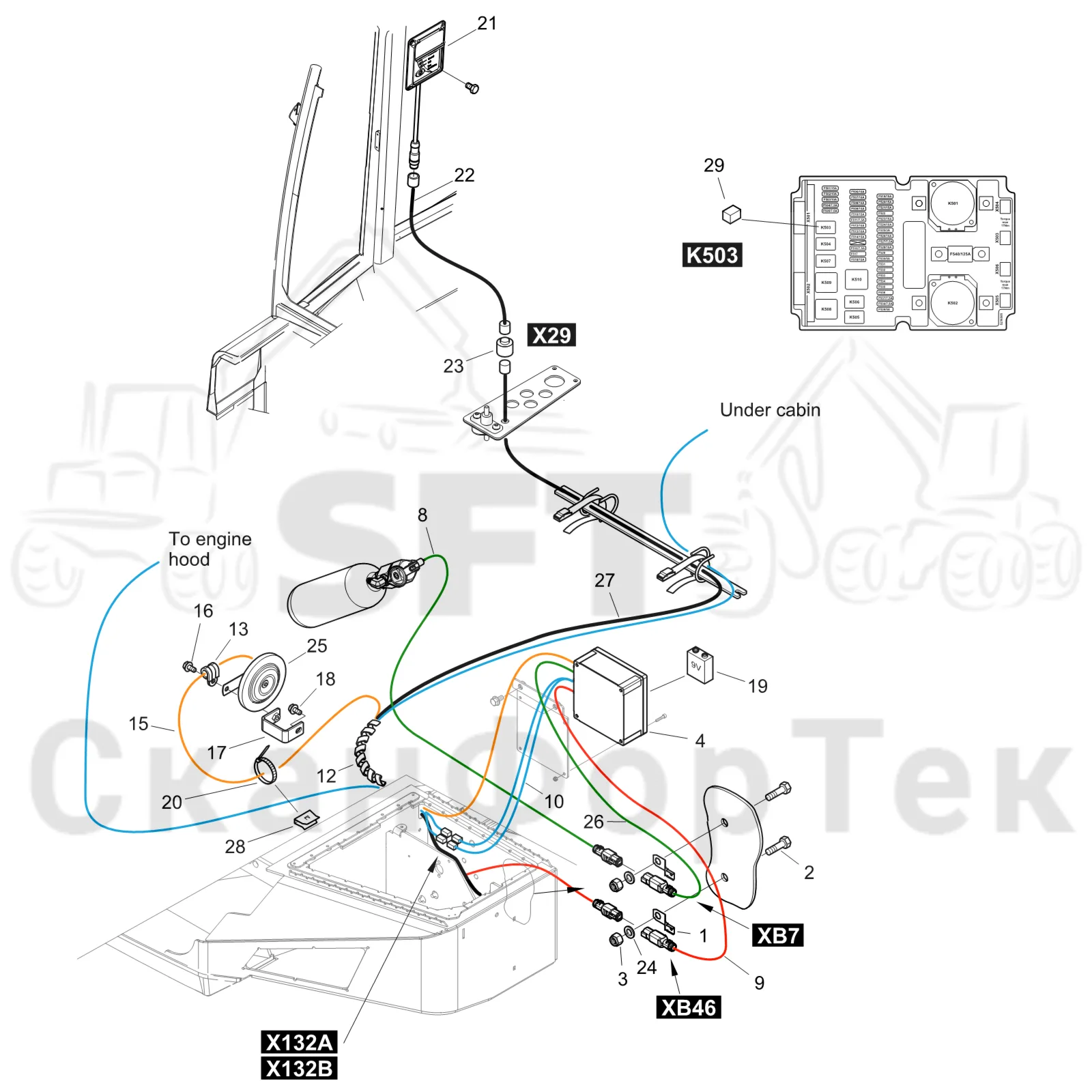 Схема: Komatsu / Форвардер / 855 S/N 8550022010- / Каталог запасных частей / шасси / Пожаротушение / Комплект электрооборудования пожаротушения