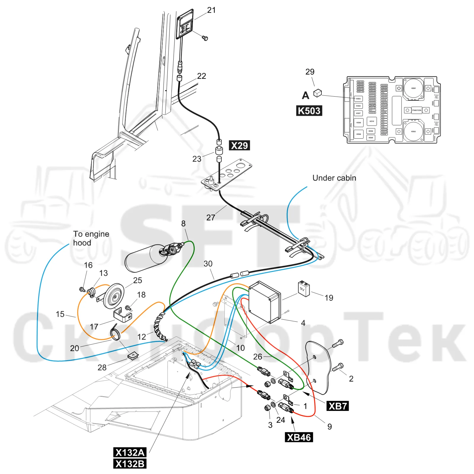 Схема: Komatsu / Форвардер / 875 S/N 8750000010- / Каталог запасных частей / шасси / Пожаротушение / Комплект электрооборудования пожаротушения Comfort Ride