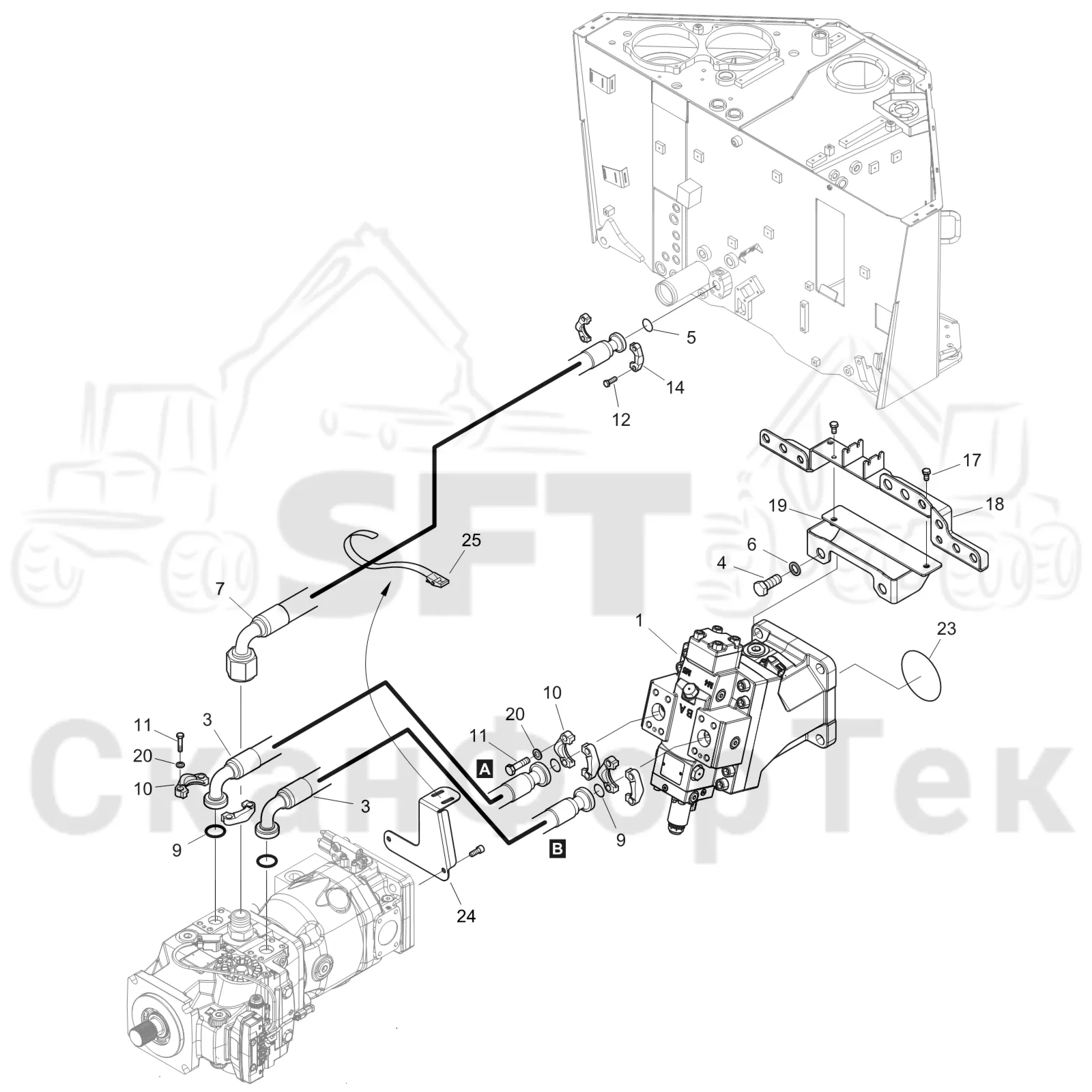 Схема: Komatsu / Форвардер / 855 S/N 8550022010- / Каталог запасных частей / Коробка передач / Оборудование гидростатики / Подвод гидростатического шланга