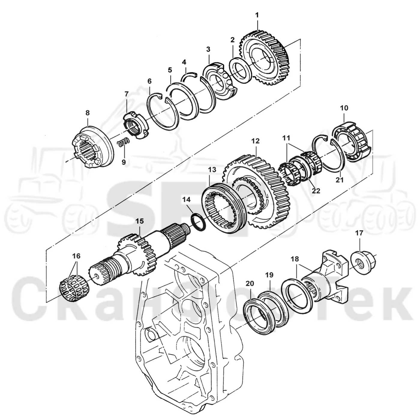 Схема: Komatsu / Форвардер / 855 S/N 8550022010- / Каталог запасных частей / Коробка передач / Редуктор / Комплект шестерен выходного вала