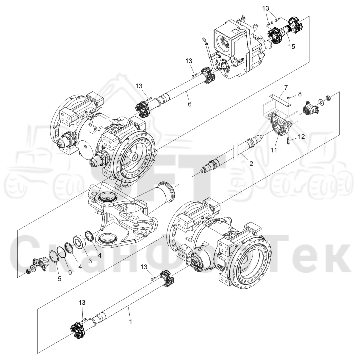 Схема: Komatsu / Форвардер / 855 S/N 8550022010- / Каталог запасных частей / Коробка передач / Карданная передача / Карданная передача 0/0