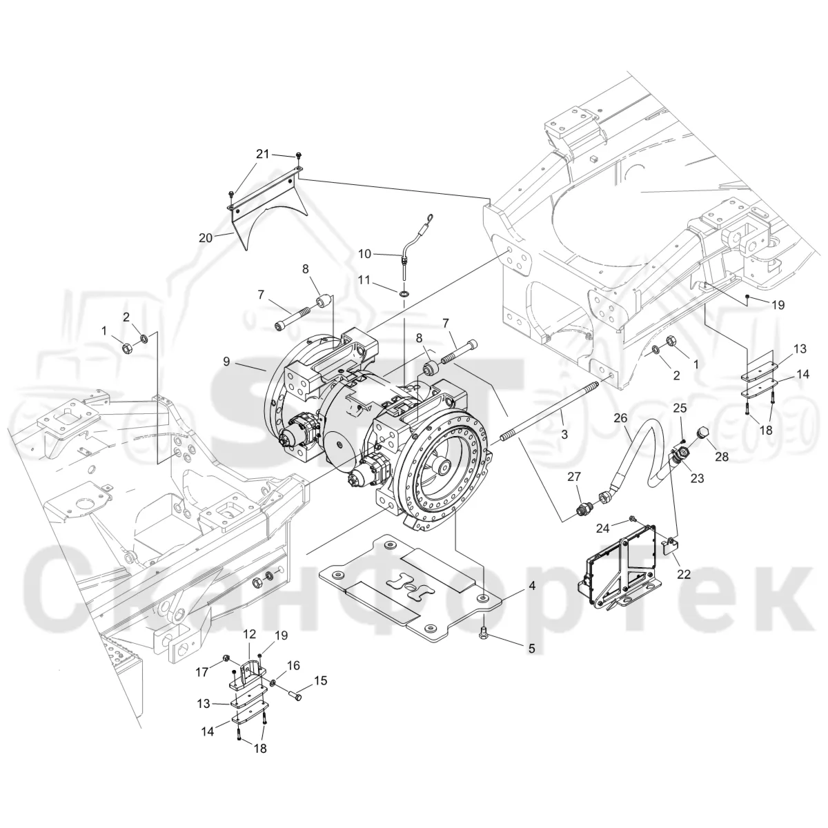 Схема: Komatsu / Форвардер / 855 S/N 8550022010- / Каталог запасных частей / Коробка передач / Мост каретки / Передний агрегат каретки